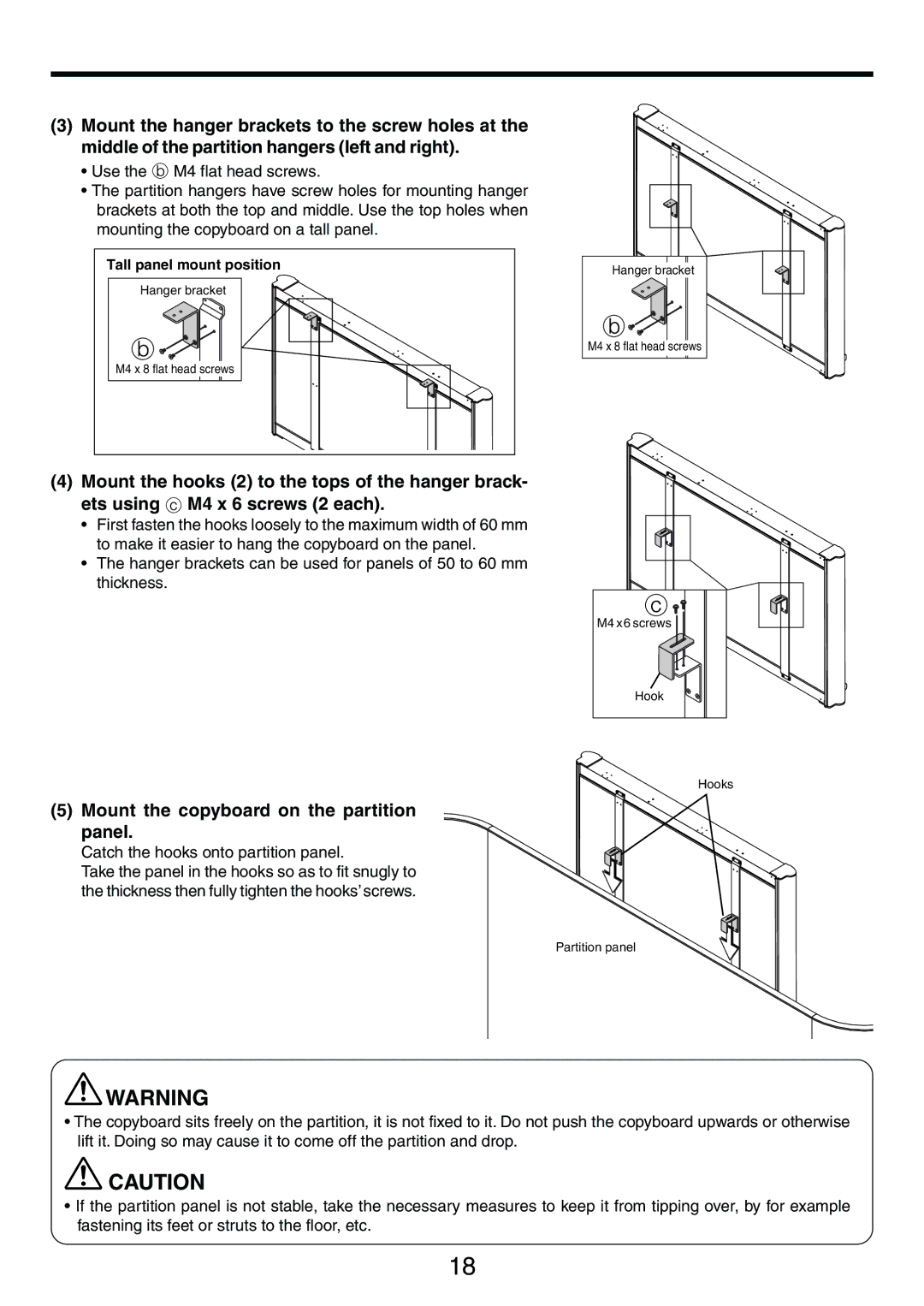 PLUS Vision M-5 user manual Mount the copyboard on the partition panel, Catch the hooks onto partition panel 