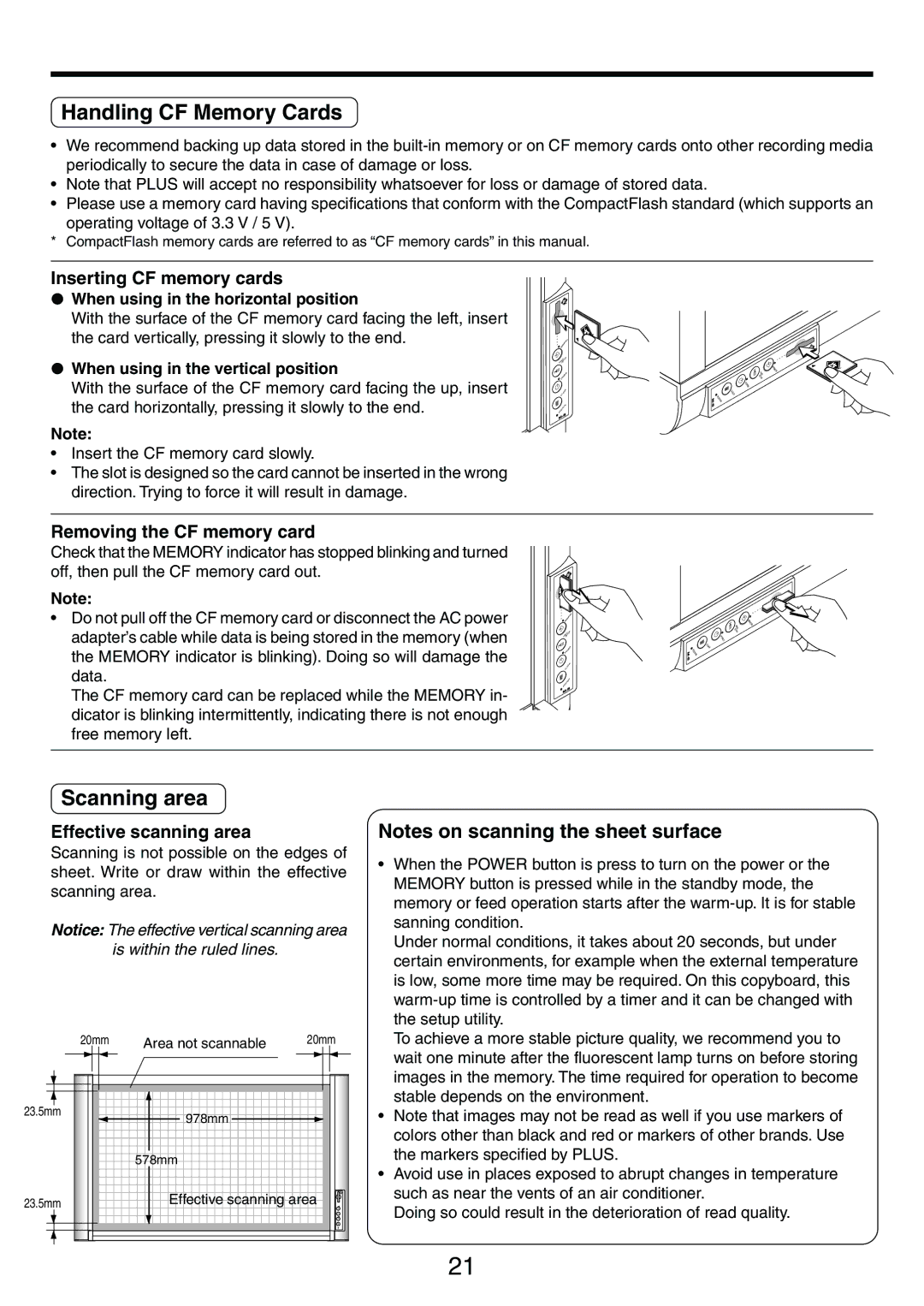 PLUS Vision M-5 user manual Handling CF Memory Cards, Scanning area, Inserting CF memory cards, Removing the CF memory card 