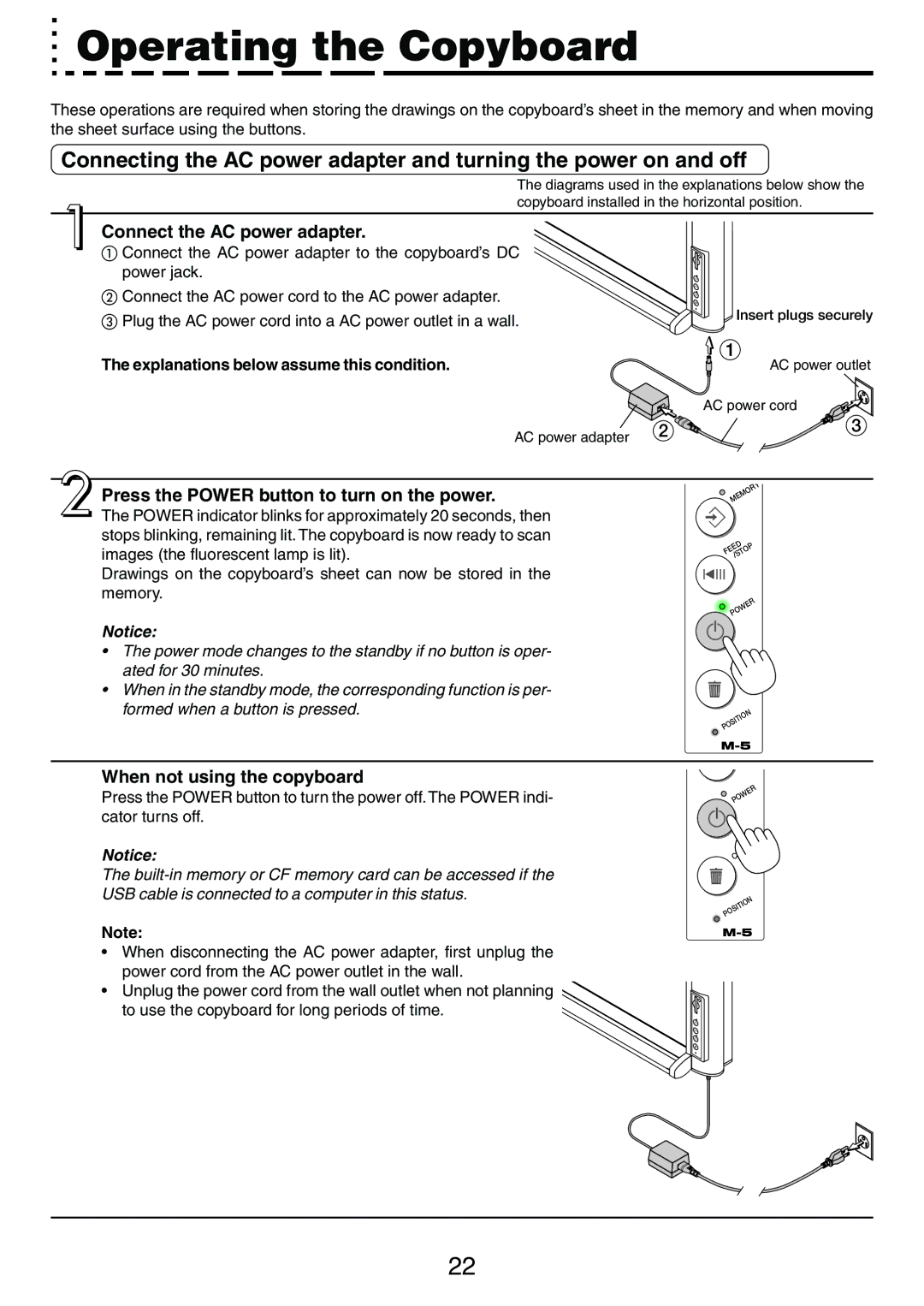 PLUS Vision M-5 Operating the Copyboard, Connect the AC power adapter, Press the Power button to turn on the power 