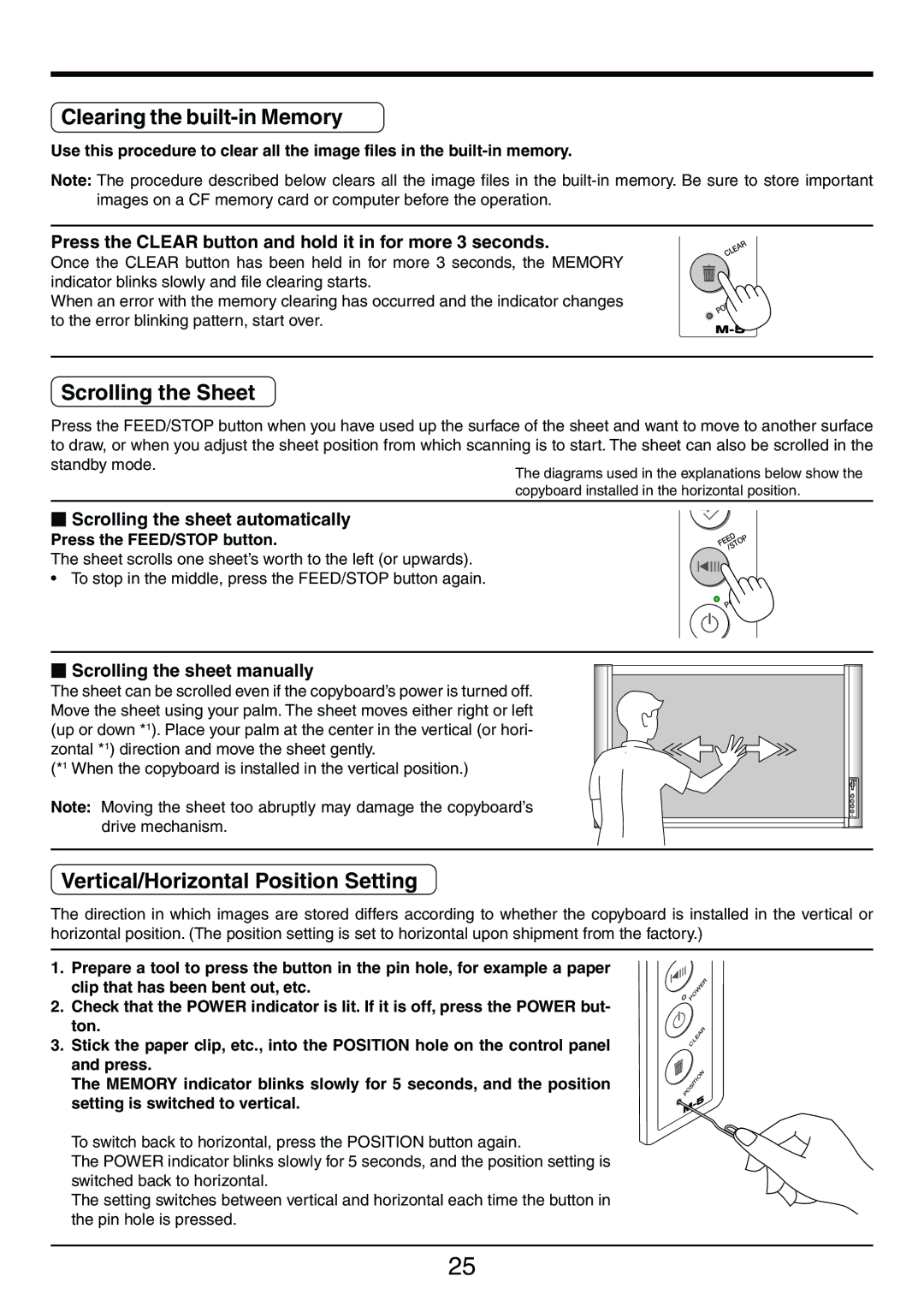 PLUS Vision M-5 user manual Clearing the built-in Memory, Scrolling the Sheet, Vertical/Horizontal Position Setting 