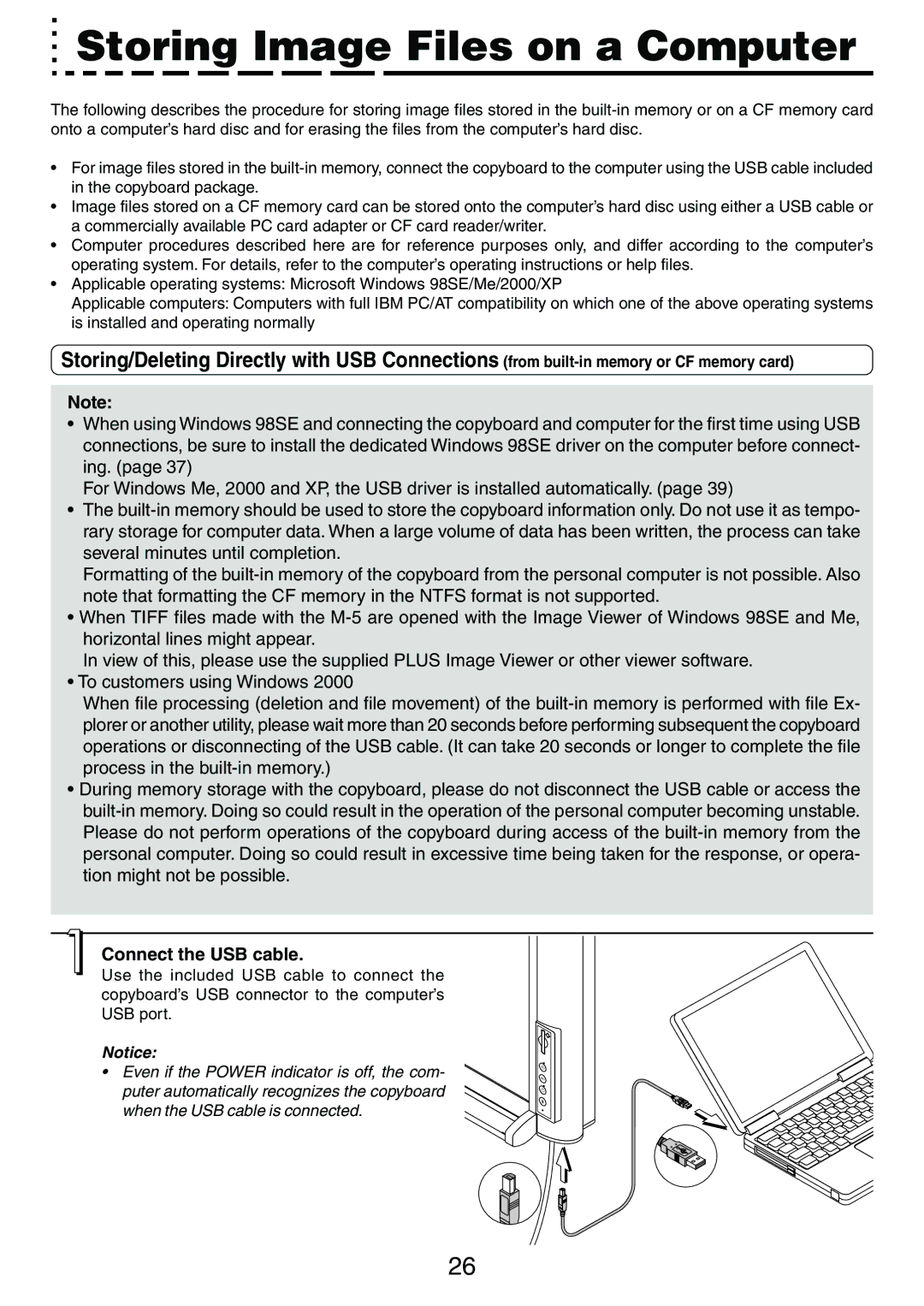 PLUS Vision M-5 user manual Storing Image Files on a Computer, Connect the USB cable 