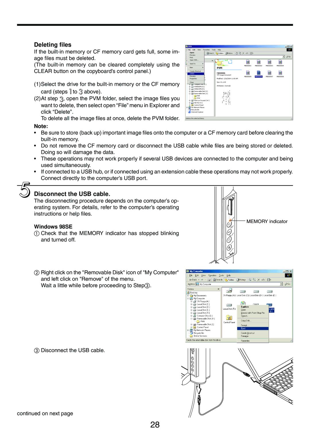 PLUS Vision M-5 user manual Deleting files, Disconnect the USB cable, Windows 98SE 