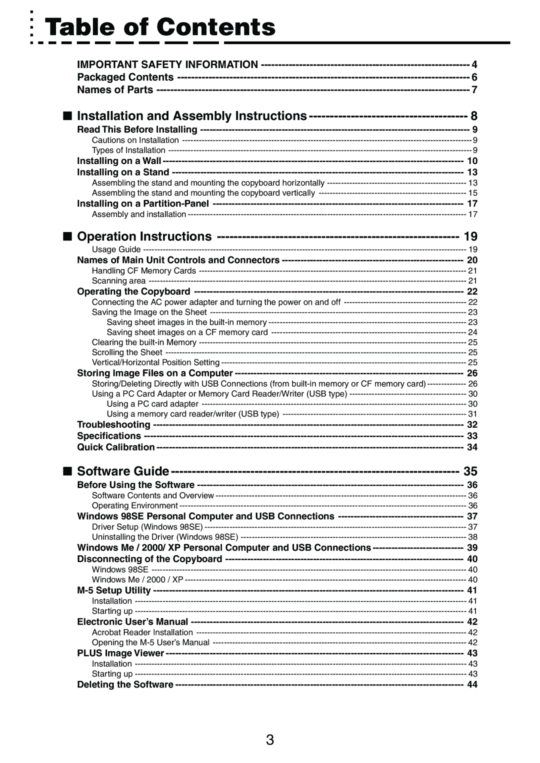 PLUS Vision M-5 user manual Table of Contents 