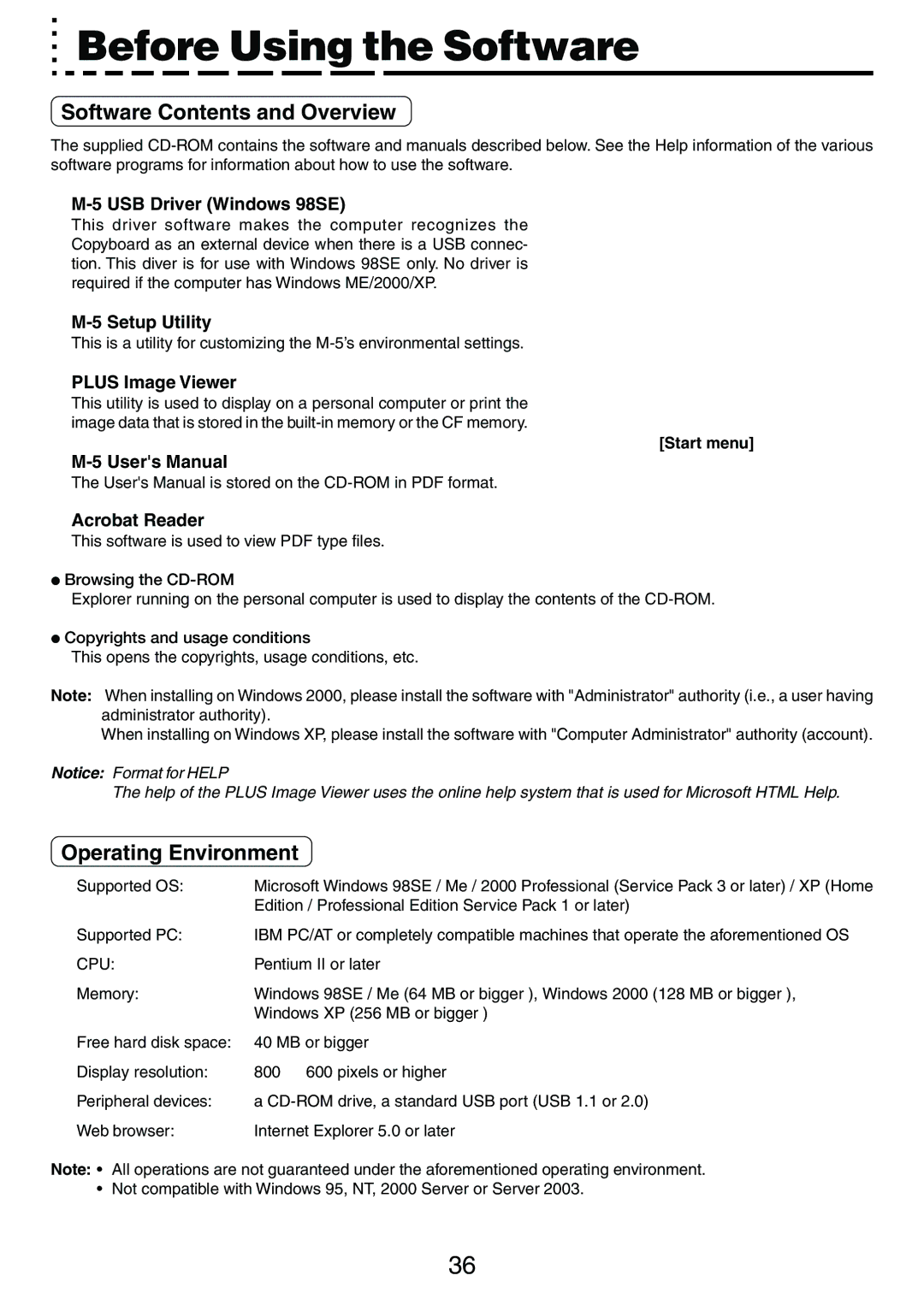 PLUS Vision M-5 user manual Before Using the Software, Software Contents and Overview, Operating Environment 