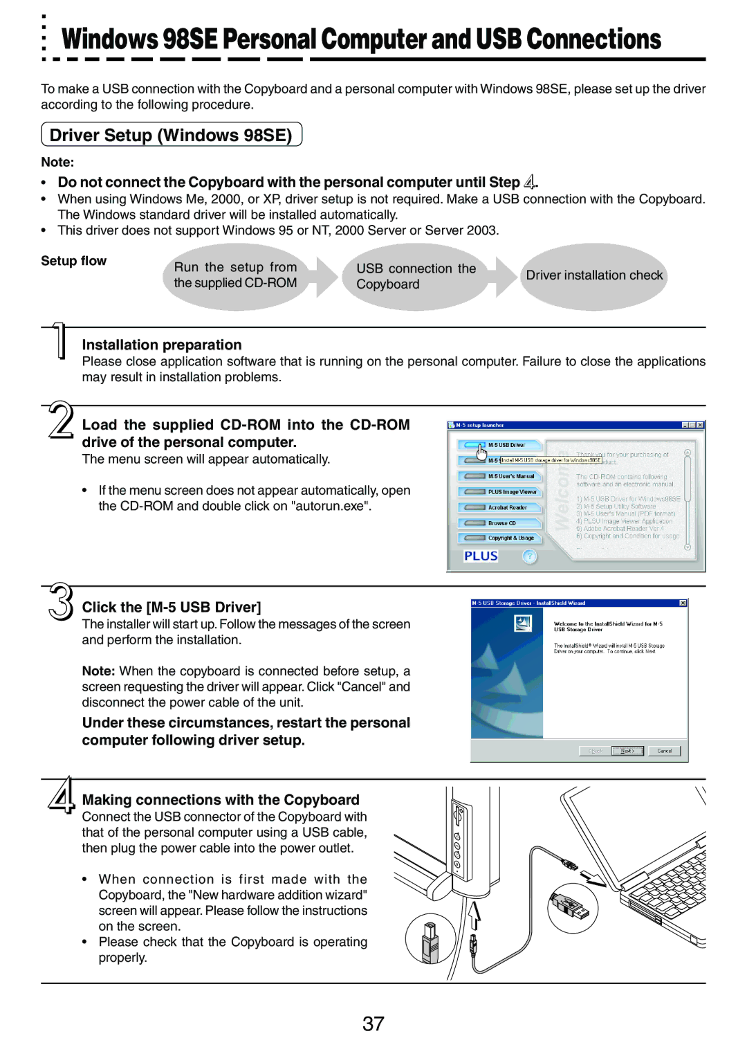 PLUS Vision user manual Driver Setup Windows 98SE, Installation preparation, Click the M-5 USB Driver, Setup flow 