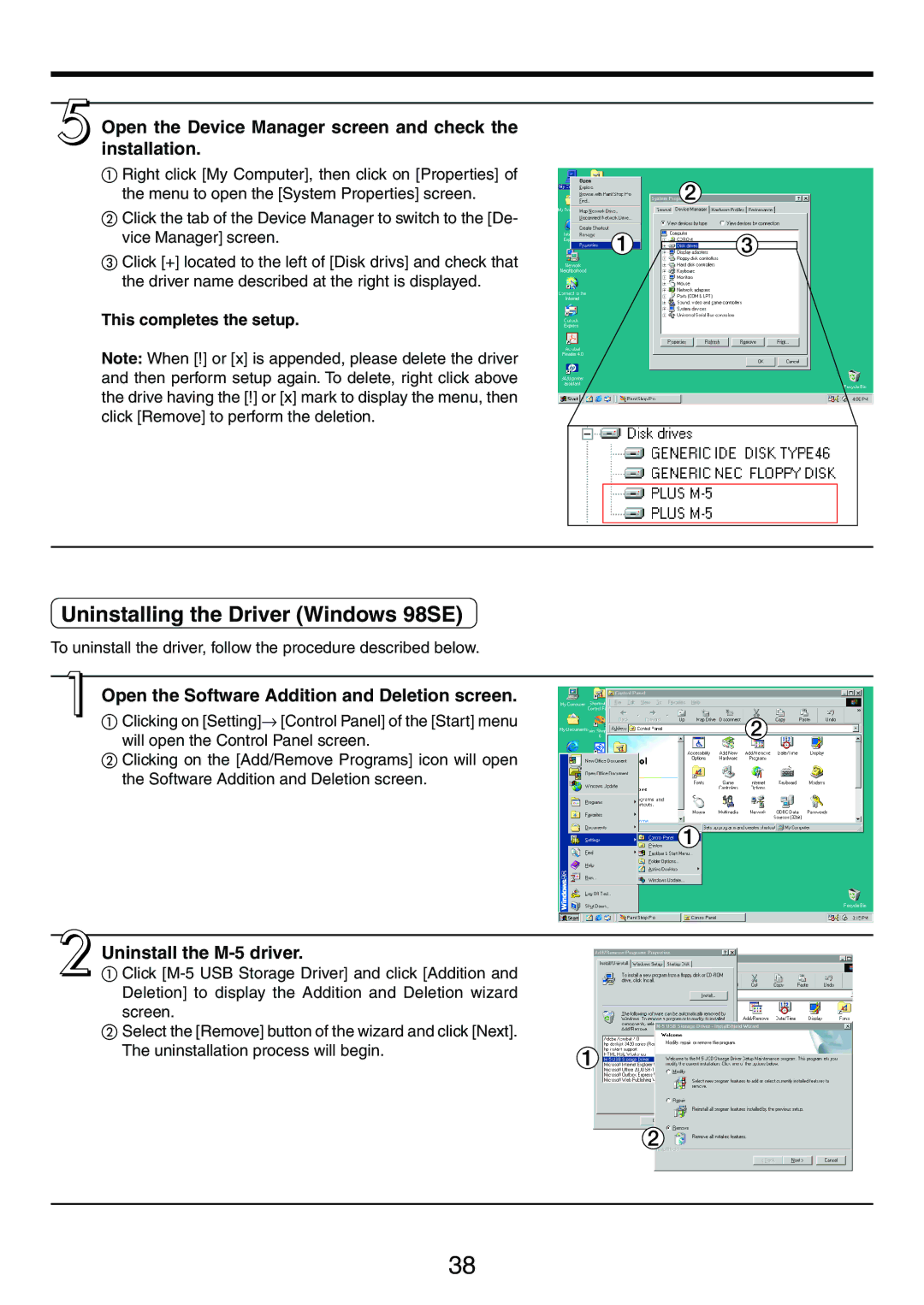 PLUS Vision M-5 user manual Uninstalling the Driver Windows 98SE, Open the Device Manager screen and check the installation 