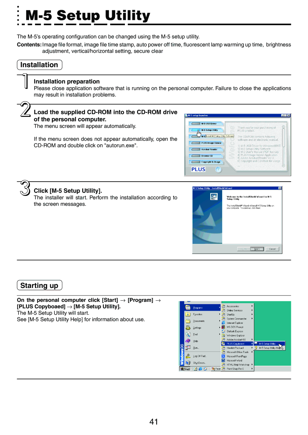 PLUS Vision user manual Installation, Starting up, Click M-5 Setup Utility 