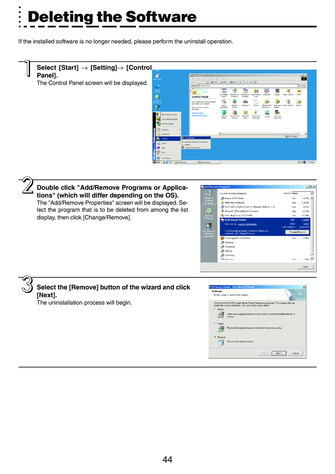 PLUS Vision M-5 user manual Deleting the Software, Select Start → Setting→ Control Panel 