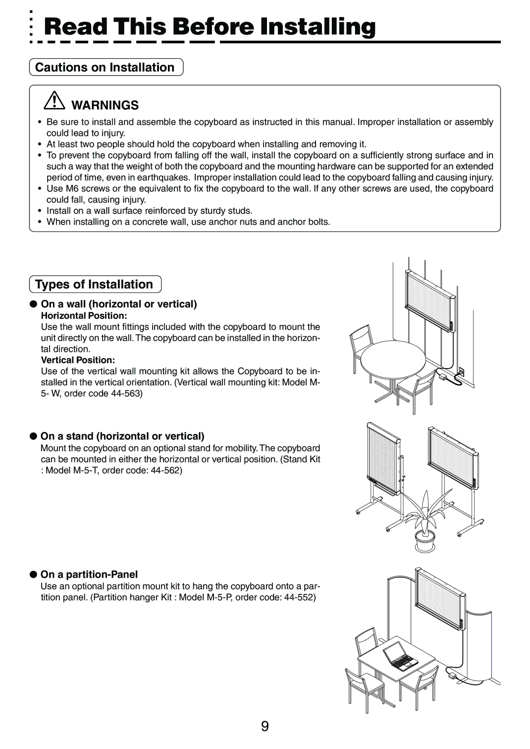 PLUS Vision M-5 Read This Before Installing, Types of Installation, On a wall horizontal or vertical, On a partition-Panel 