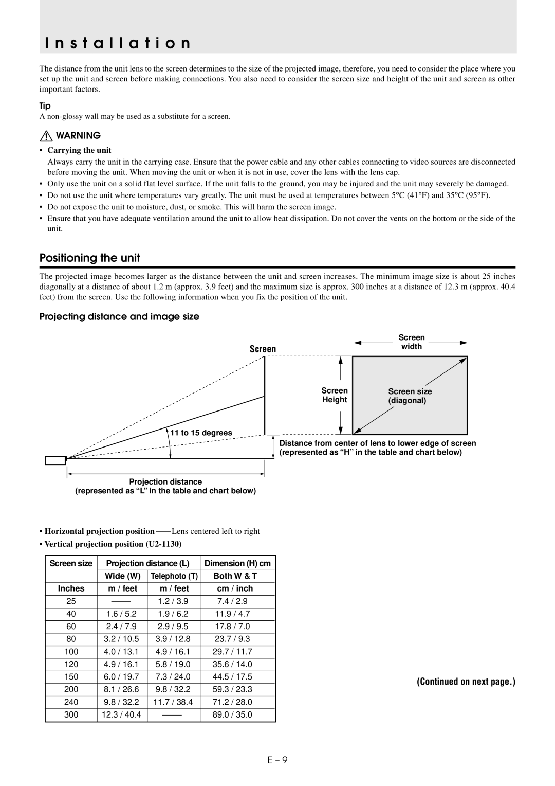 PLUS Vision U2-1130/U2-1110 user manual Installation, Positioning the unit, Projecting distance and image size, Screen 