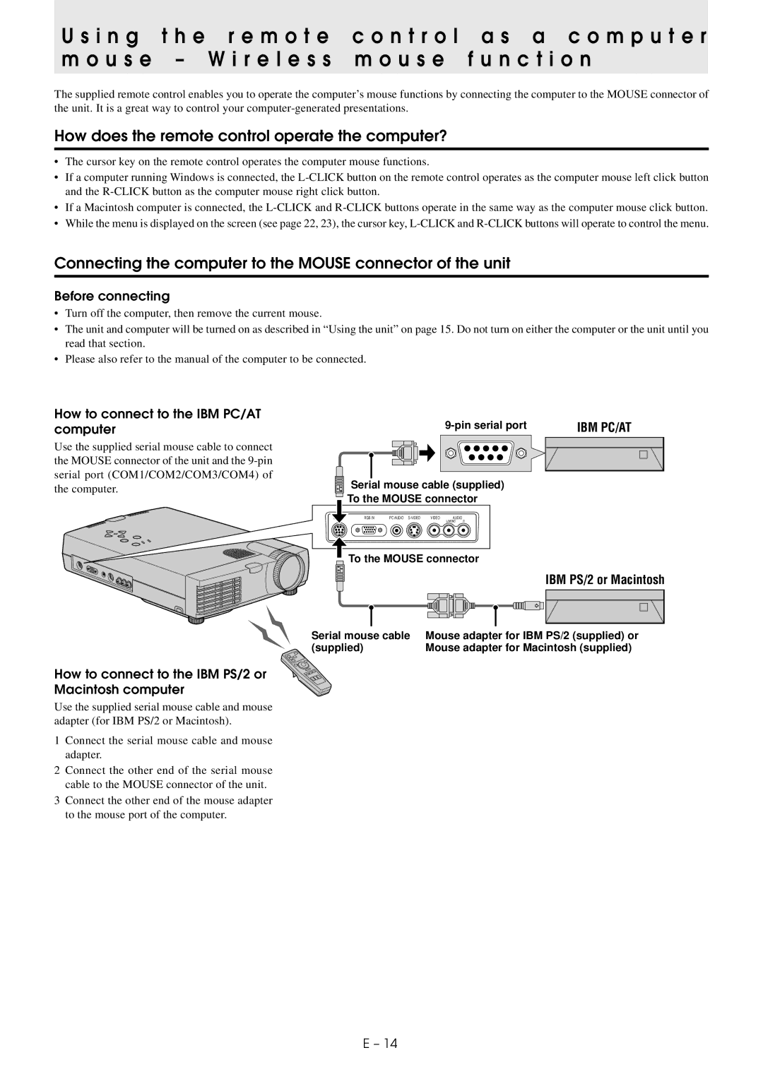 PLUS Vision U2-1130/U2-1110 How does the remote control operate the computer?, How to connect to the IBM PC/AT computer 