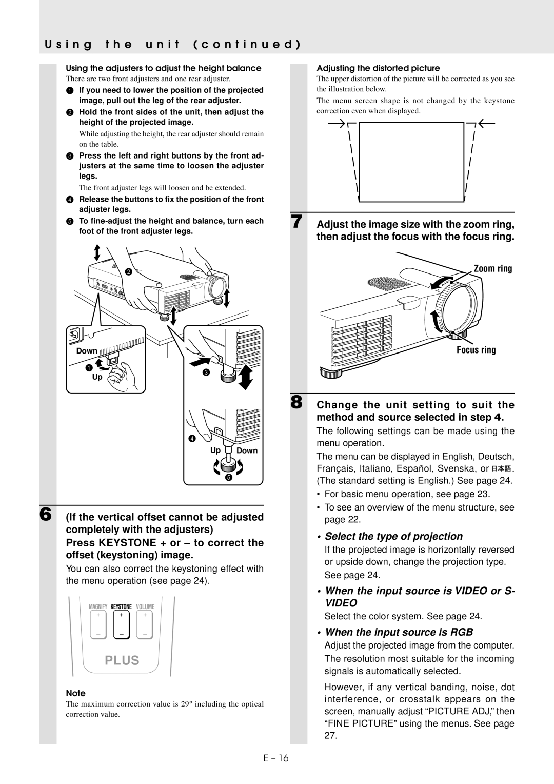 PLUS Vision U2-1130/U2-1110 user manual I n g t h e u n i t c o n t i n u e d, Adjust the image size with the zoom ring 