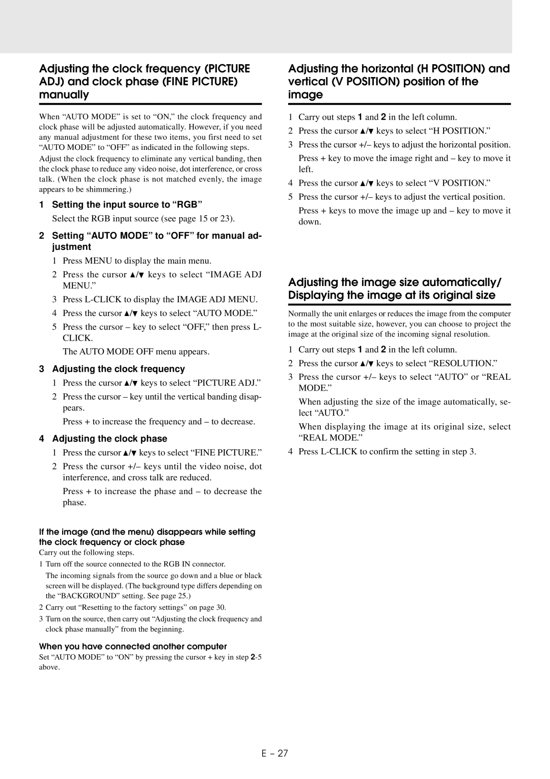 PLUS Vision U2-1130/U2-1110 user manual Setting the input source to RGB, Setting Auto Mode to OFF for manual ad- justment 