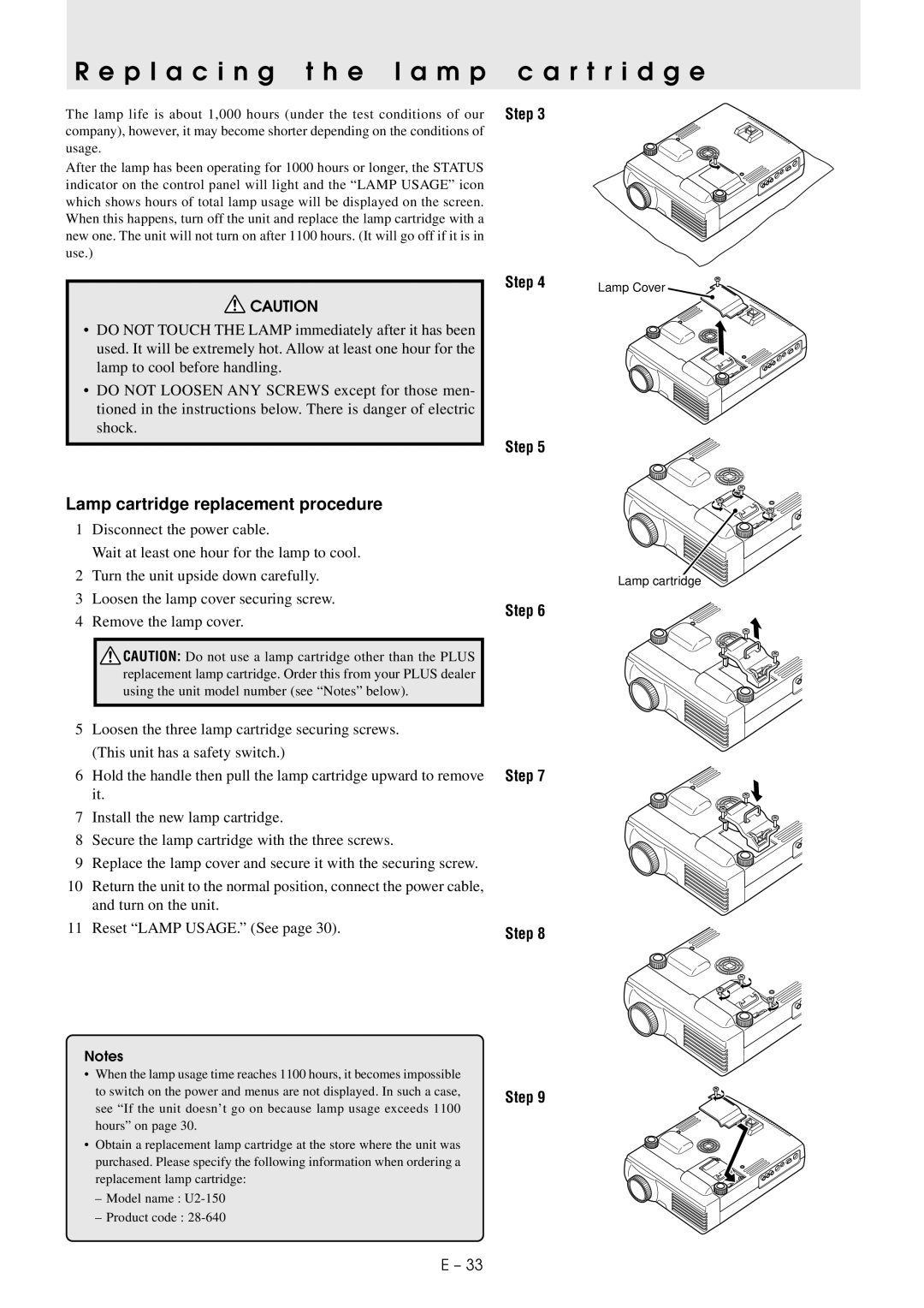 PLUS Vision U2-1130/U2-1110 P l a c i n g t h e l a m p c a r t r i d g e, Lamp cartridge replacement procedure, Step 