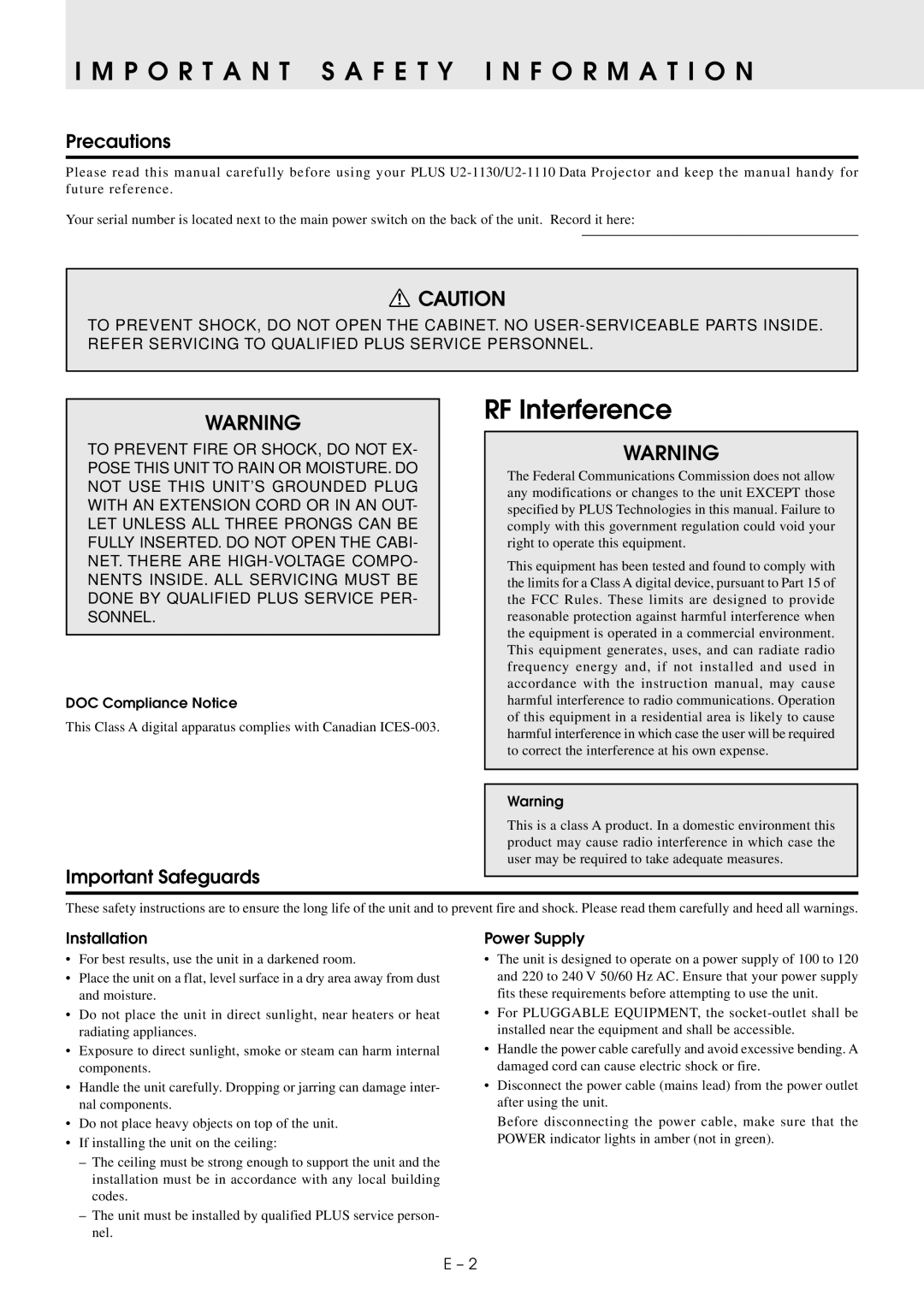 PLUS Vision U2-1130/U2-1110 user manual Precautions, Important Safeguards, Installation, Power Supply 