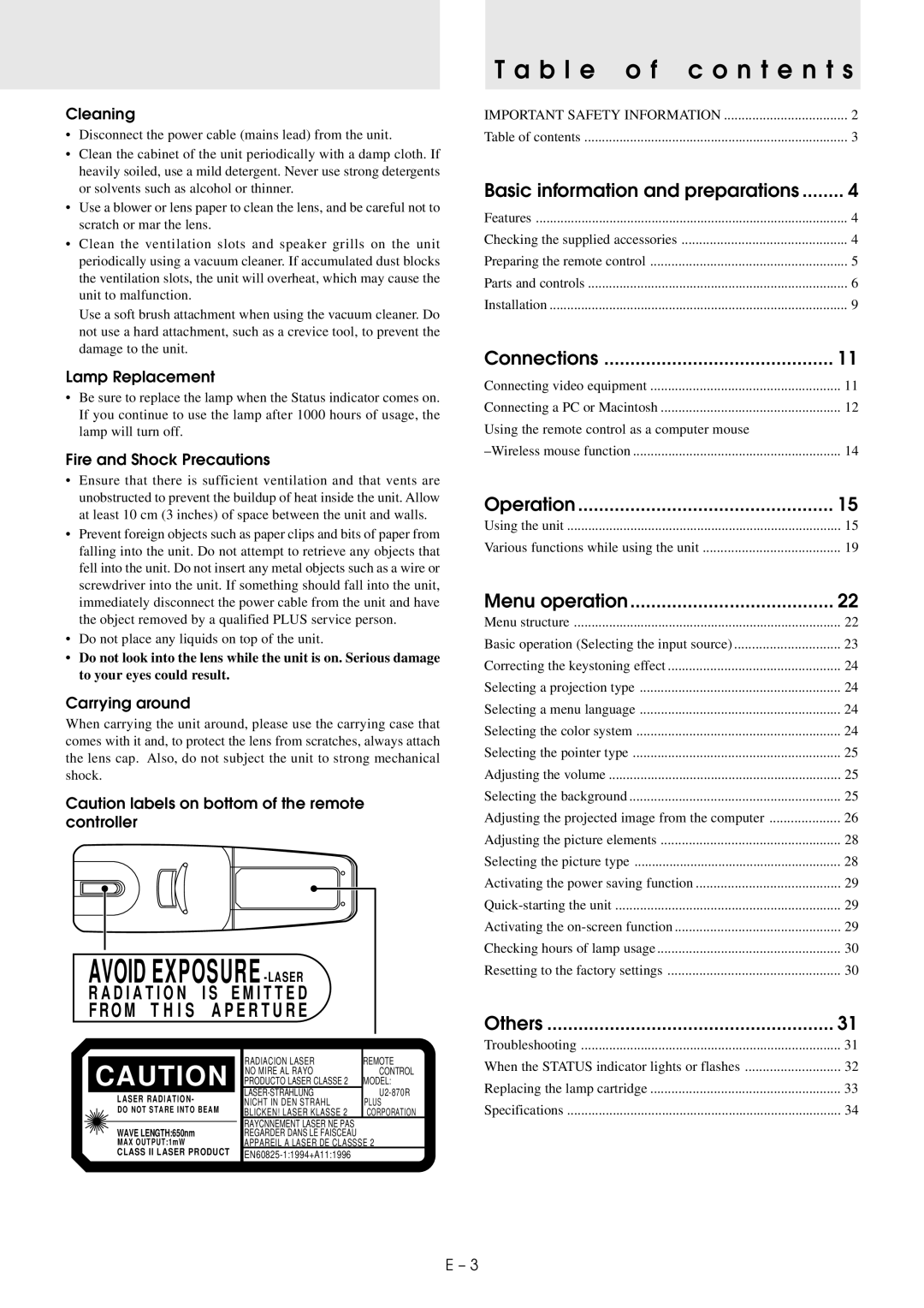 PLUS Vision U2-1130/U2-1110 user manual B l e o f c o n t e n t s 