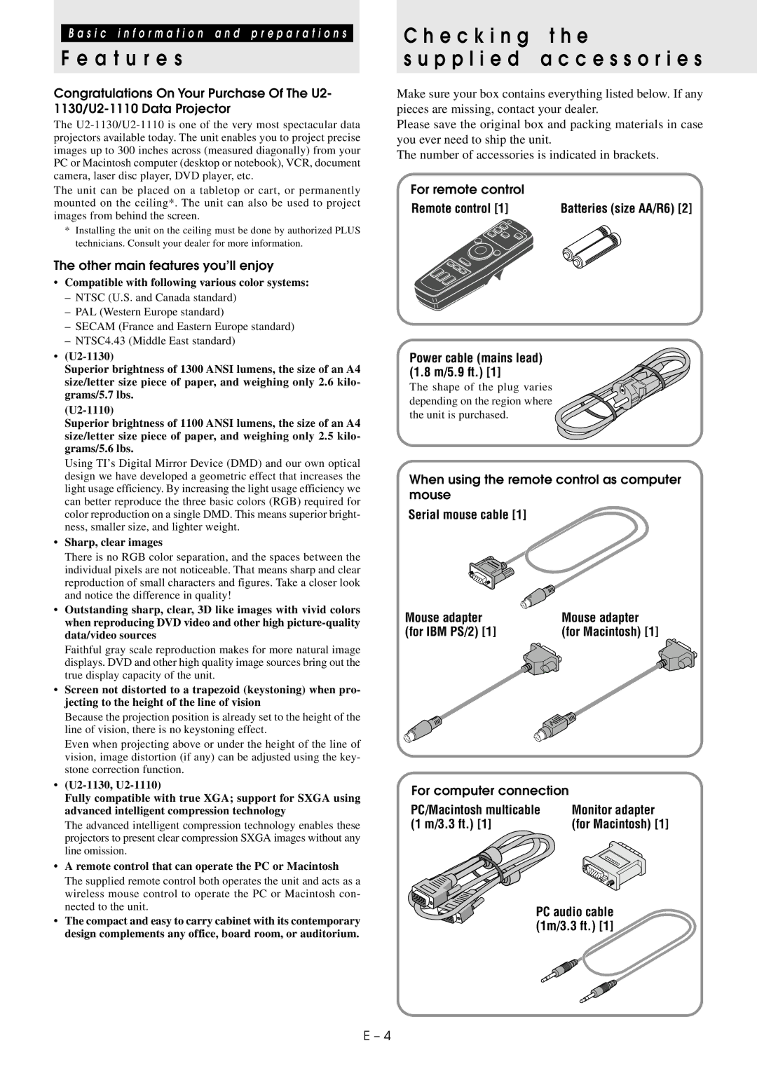 PLUS Vision U2-1130/U2-1110 user manual A t u r e s, E c k i n g t h e P p l i e d a c c e s s o r i e s 