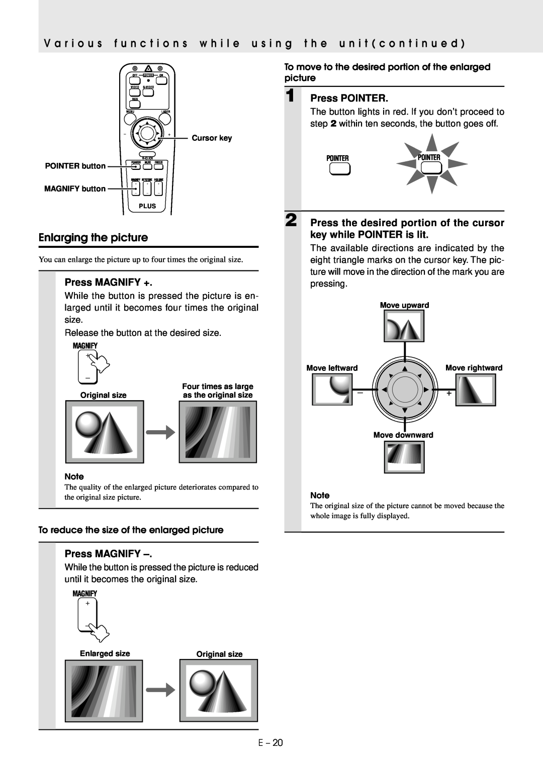 PLUS Vision U2-1130/U2-1110 user manual Enlarging the picture, Press POINTER, Press MAGNIFY + 