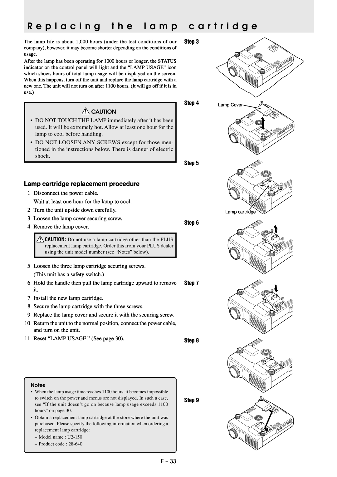PLUS Vision U2-1130/U2-1110 R e p l a c i n g t h e l a m p c a r t r i d g e, Lamp cartridge replacement procedure, Step 