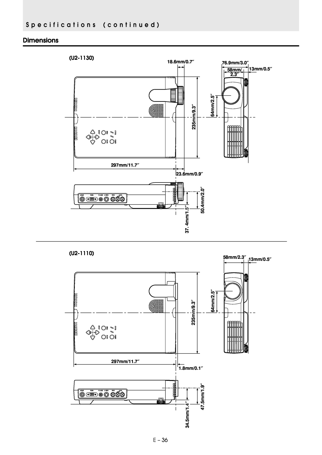 PLUS Vision U2-1130/U2-1110 user manual Dimensions, 18.6mm/0.7″, 64mm/2.5″, 76.9mm/3.0″, 23.6mm/0.9″, 1.8mm/0.1″, 13mm/0.5″ 