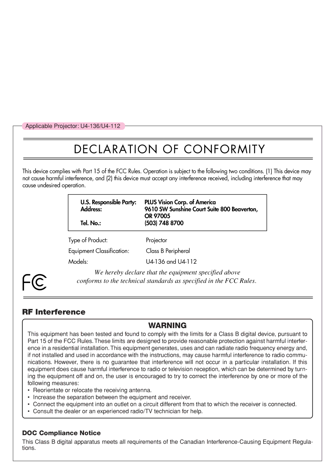 PLUS Vision U4-112, U4-136, U4-111 user manual Declaration of Conformity, DOC Compliance Notice 