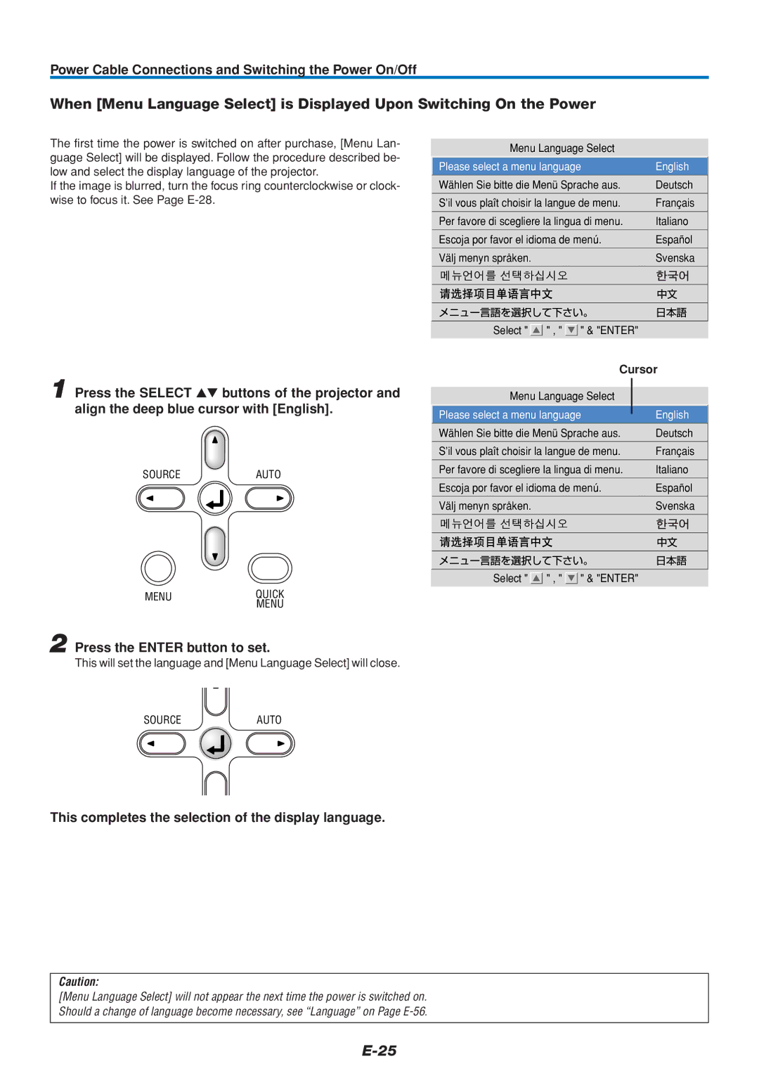 PLUS Vision U4-112, U4-136 Power Cable Connections and Switching the Power On/Off, Press the Enter button to set, Cursor 