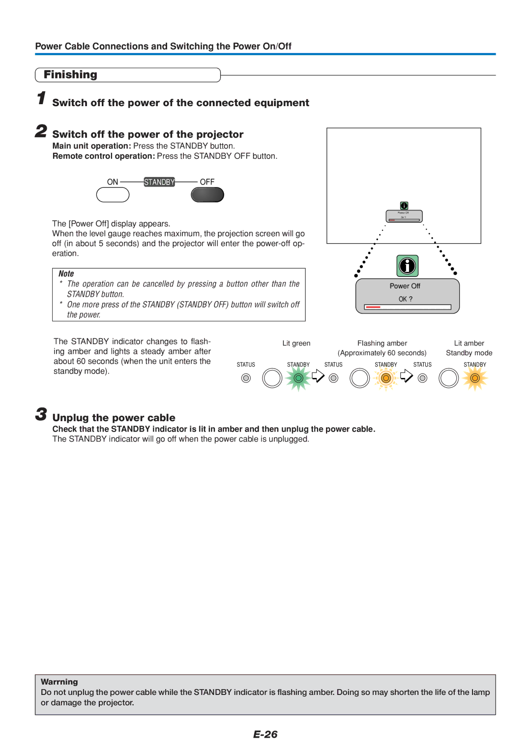 PLUS Vision U4-136, U4-111, U4-112 Finishing, Unplug the power cable, Standby indicator changes to flash, Standby mode 