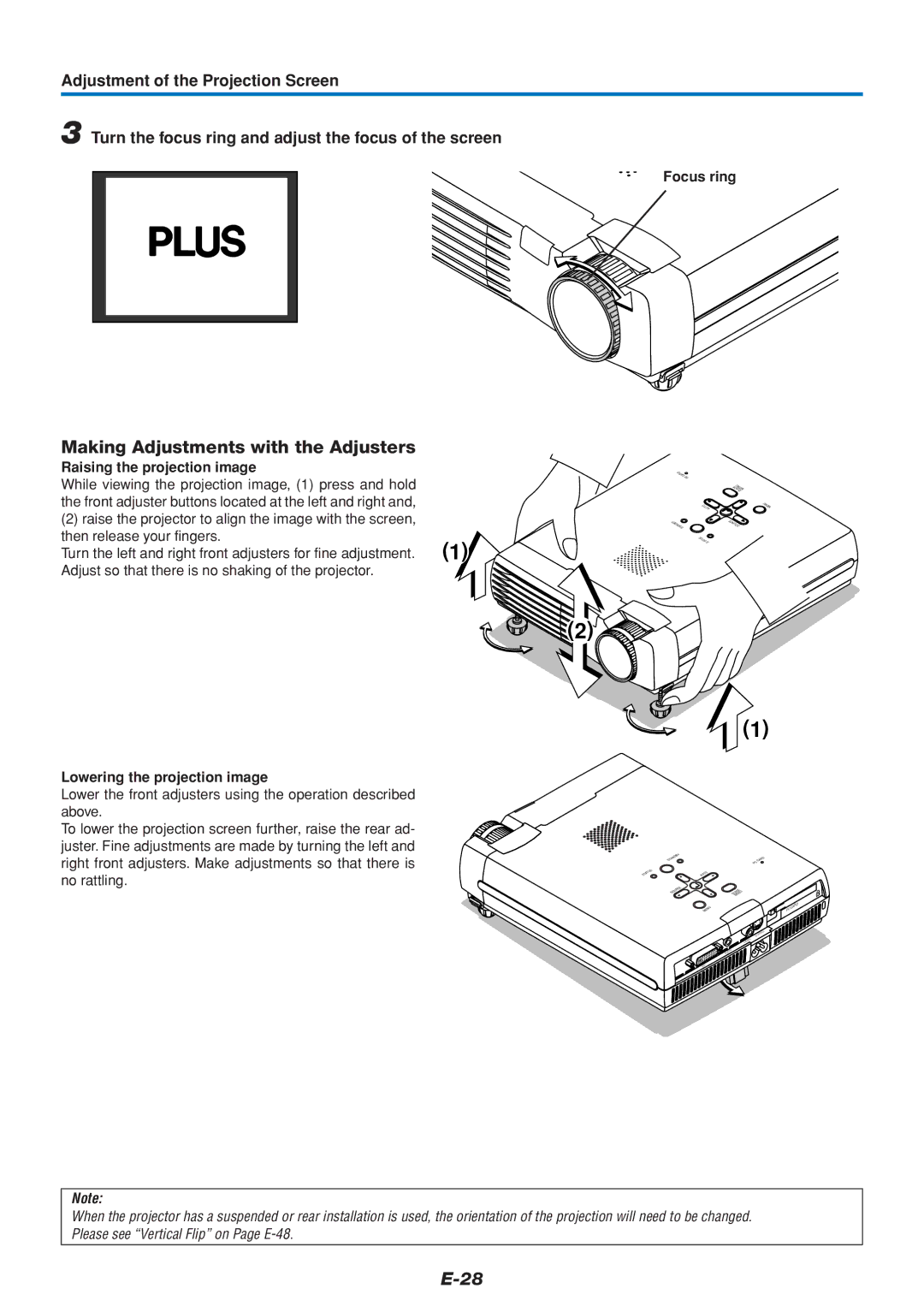 PLUS Vision U4-112, U4-136, U4-111 Making Adjustments with the Adjusters, Focus ring, Raising the projection image 