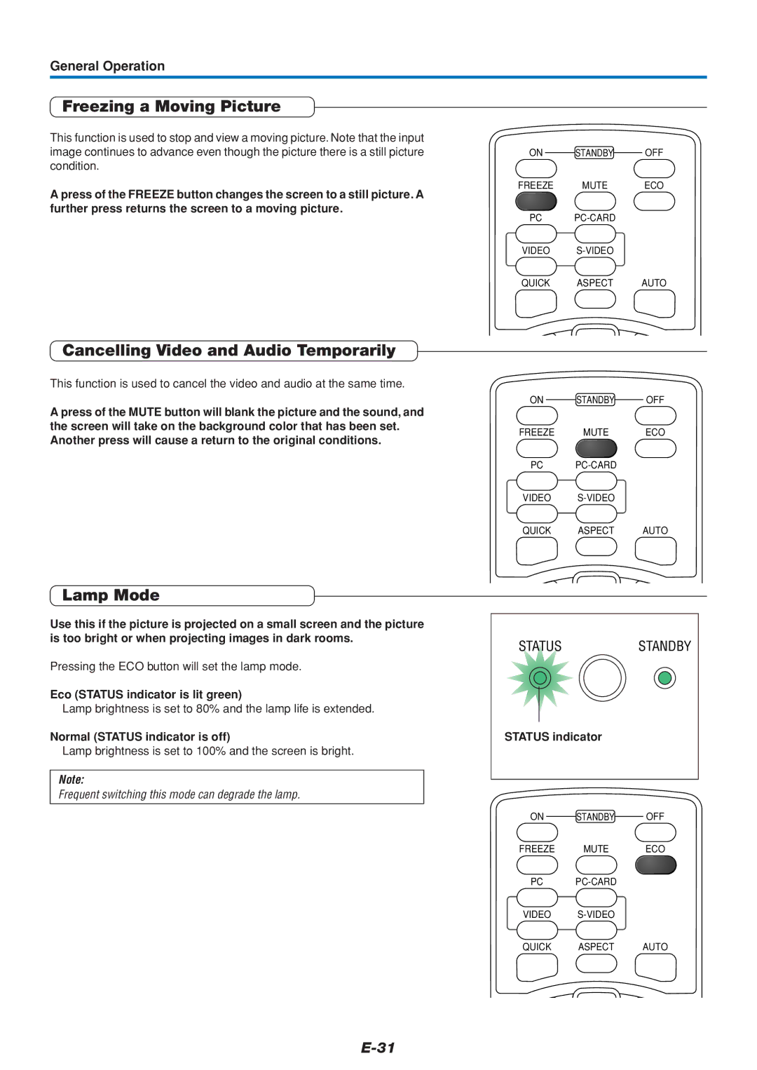 PLUS Vision U4-112, U4-136, U4-111 user manual Freezing a Moving Picture, Cancelling Video and Audio Temporarily, Lamp Mode 