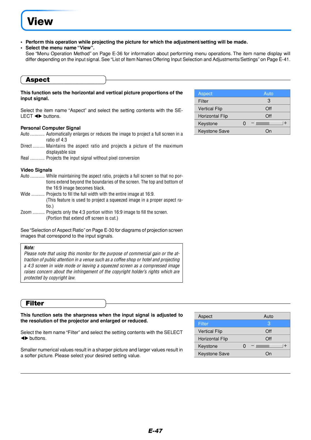 PLUS Vision U4-136, U4-111, U4-112 user manual View, Aspect, Filter, Video Signals 