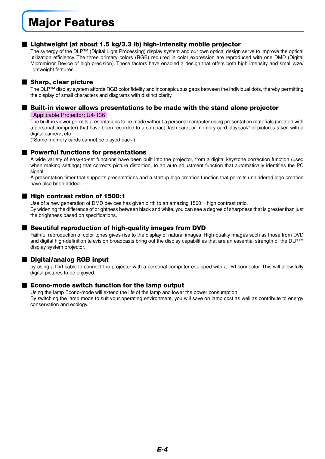 PLUS Vision U4-112, U4-136, U4-111 user manual Major Features 