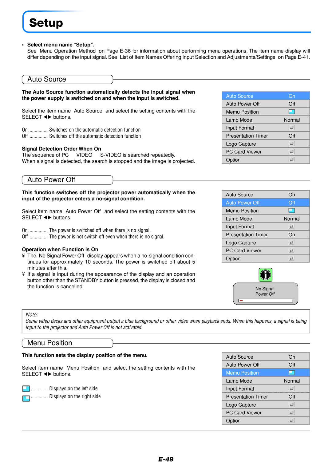 PLUS Vision U4-112, U4-136, U4-111 user manual Setup, Auto Source, Auto Power Off, Menu Position 