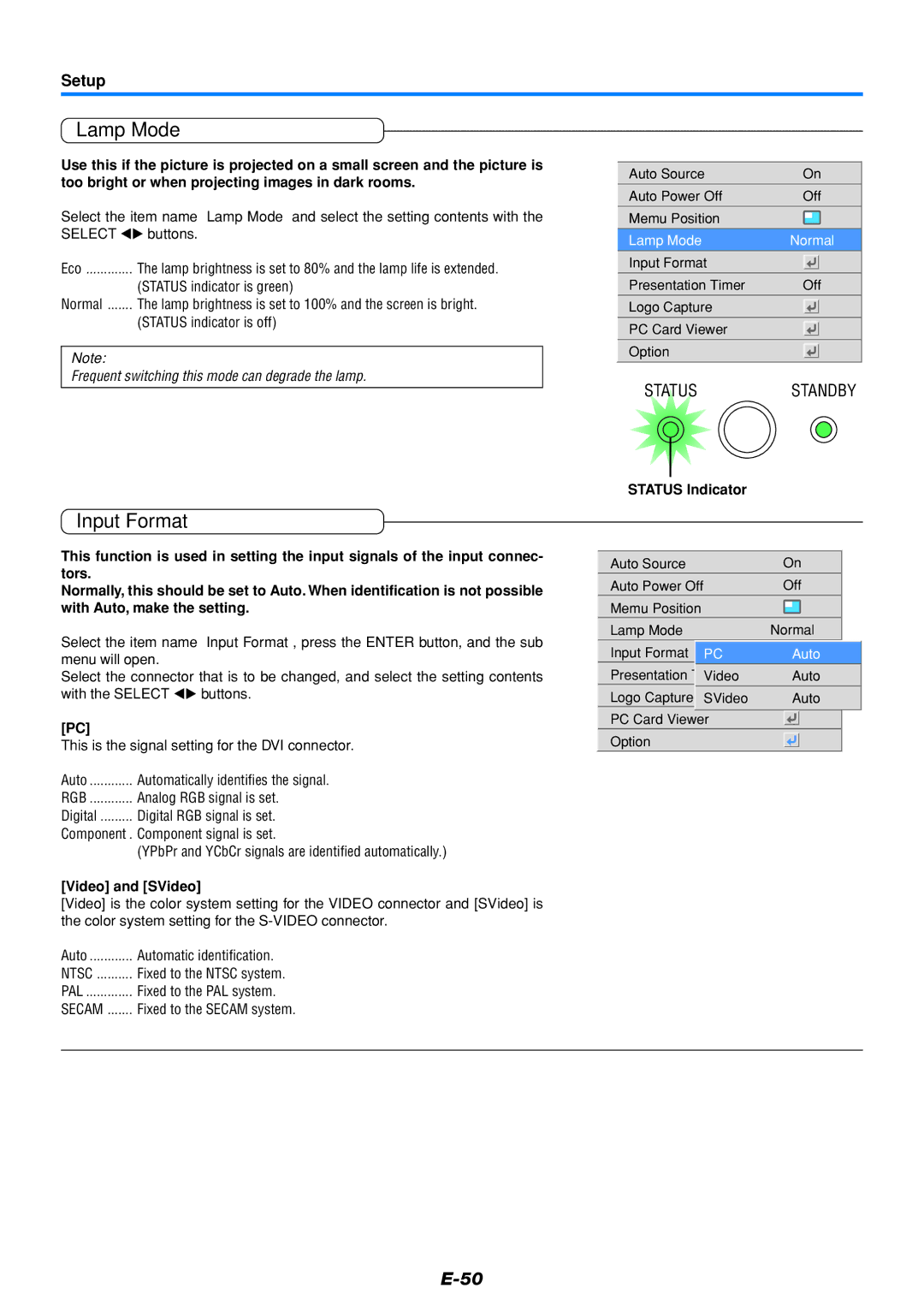 PLUS Vision U4-136, U4-111, U4-112 user manual Input Format, Setup, Video and SVideo 