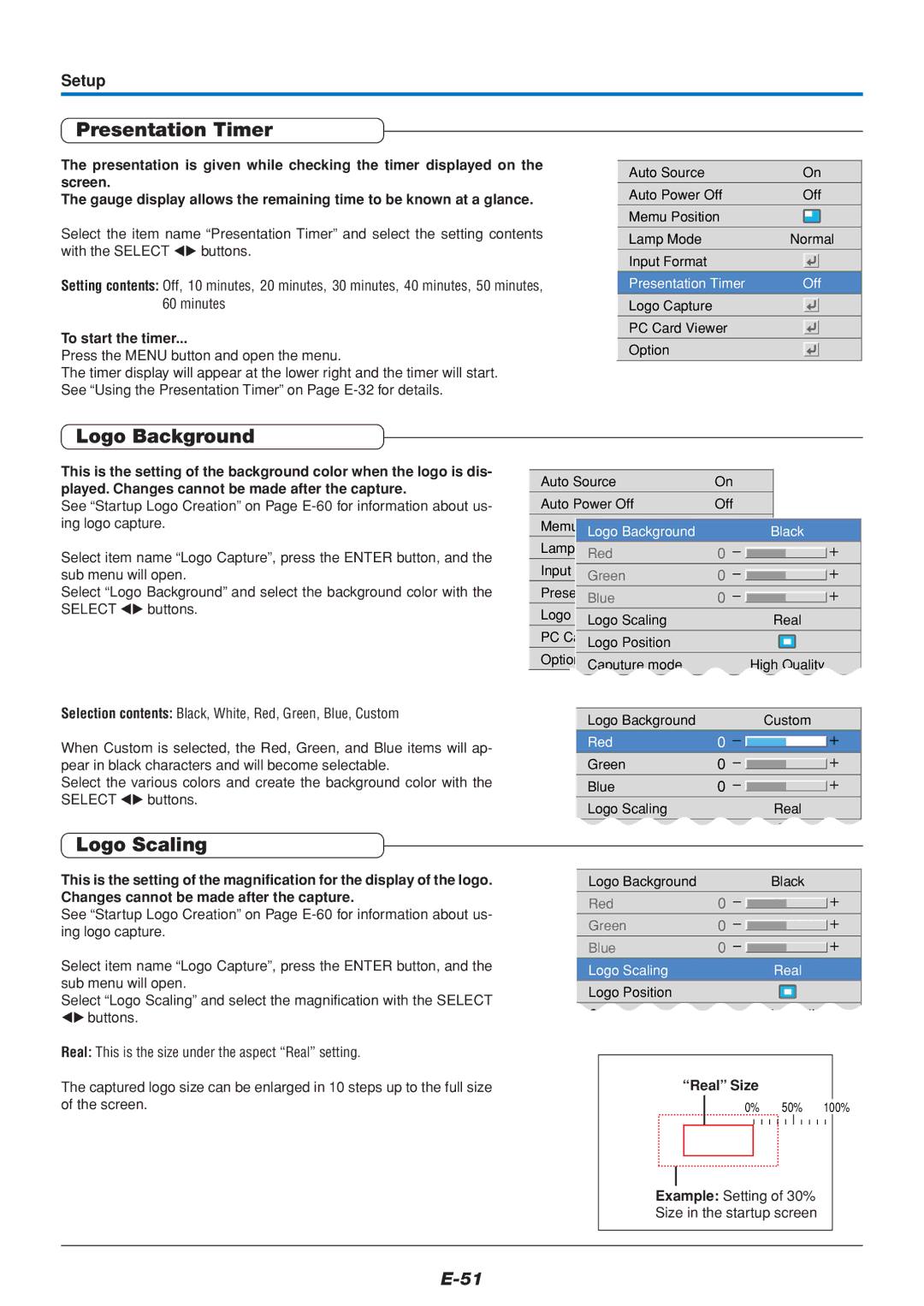 PLUS Vision U4-111, U4-136, U4-112 user manual Presentation Timer, Logo Background, Logo Scaling 