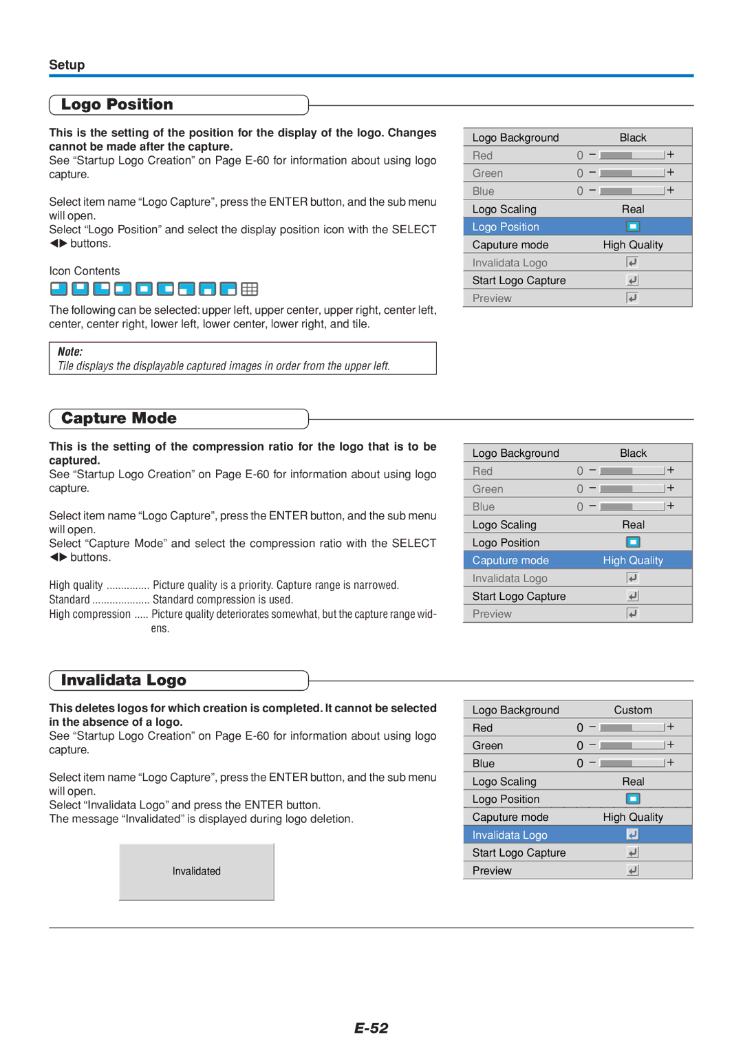 PLUS Vision U4-112, U4-136, U4-111 user manual Logo Position, Capture Mode, Invalidata Logo 