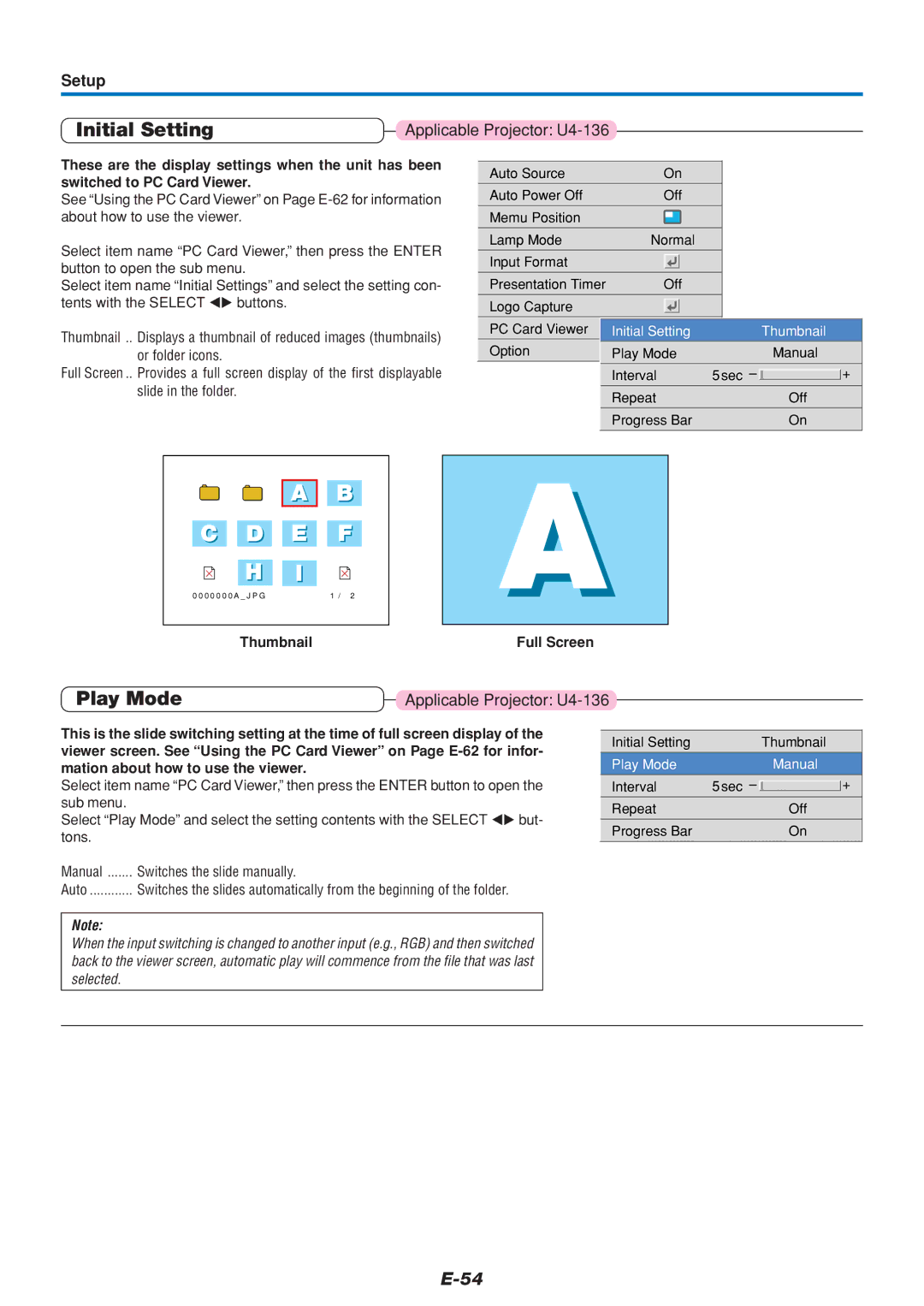 PLUS Vision U4-111, U4-136, U4-112 user manual Initial Setting, Play Mode, Thumbnail, Switches the slide manually 