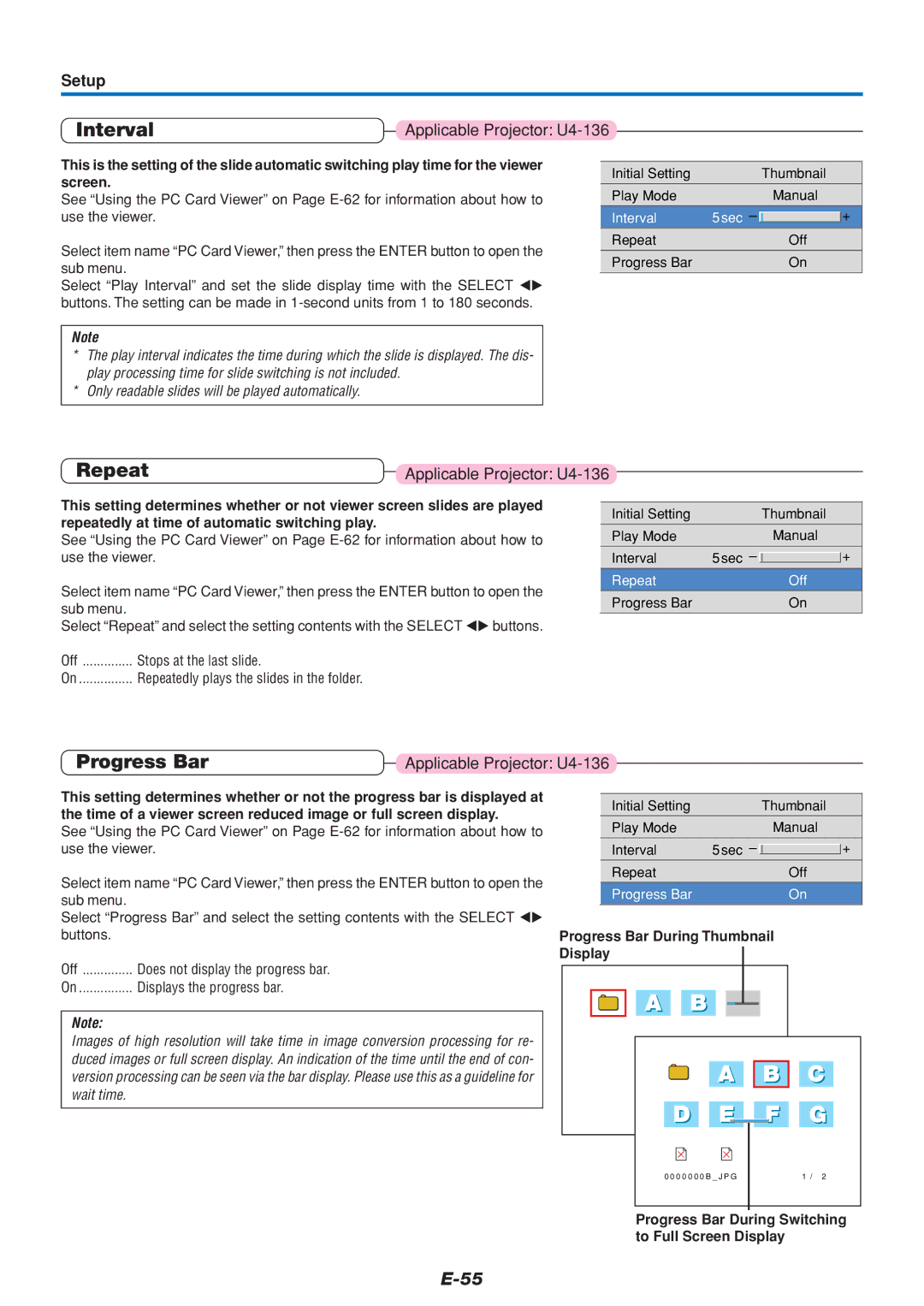 PLUS Vision U4-112, U4-136, U4-111 user manual Interval, Repeat, Progress Bar During Thumbnail Display 