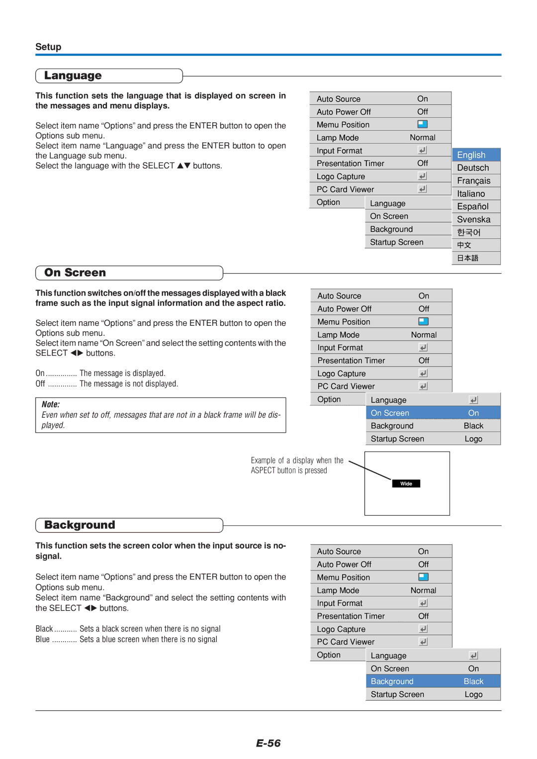 PLUS Vision U4-136, U4-111, U4-112 user manual Language, On Screen, Background, Deutsch Français Italiano Español 