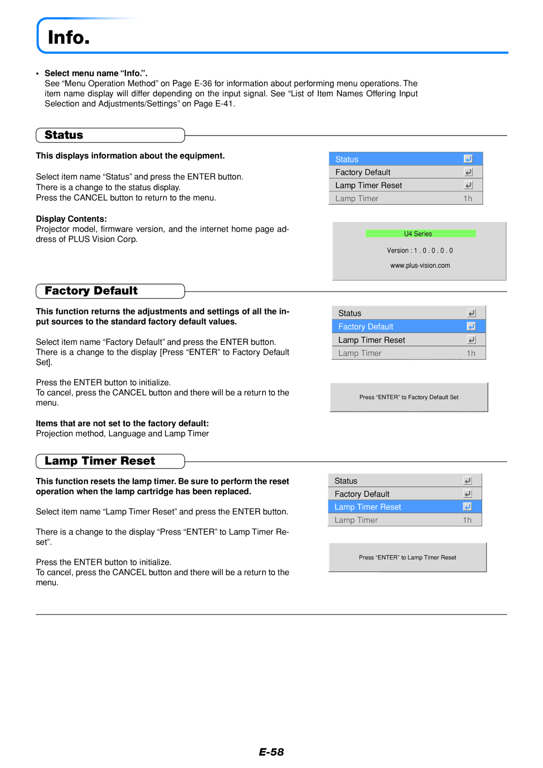 PLUS Vision U4-112, U4-136, U4-111 user manual Info, Status, Factory Default, Lamp Timer Reset 