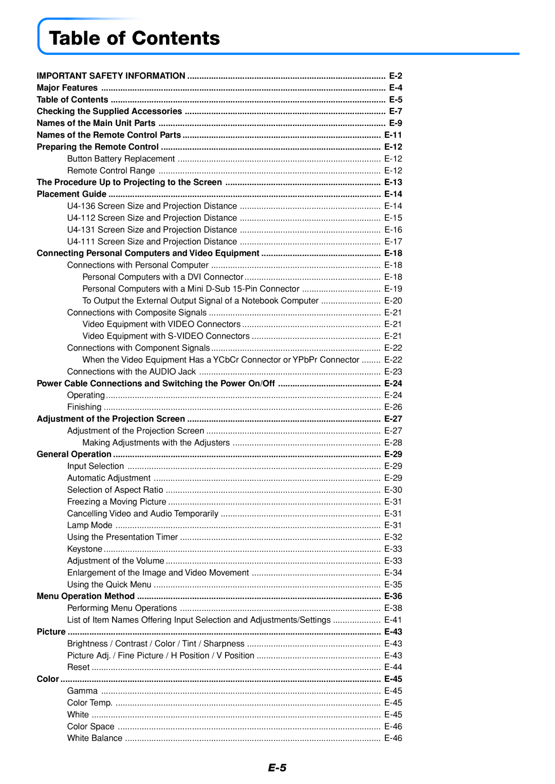 PLUS Vision U4-136, U4-111, U4-112 user manual Table of Contents 