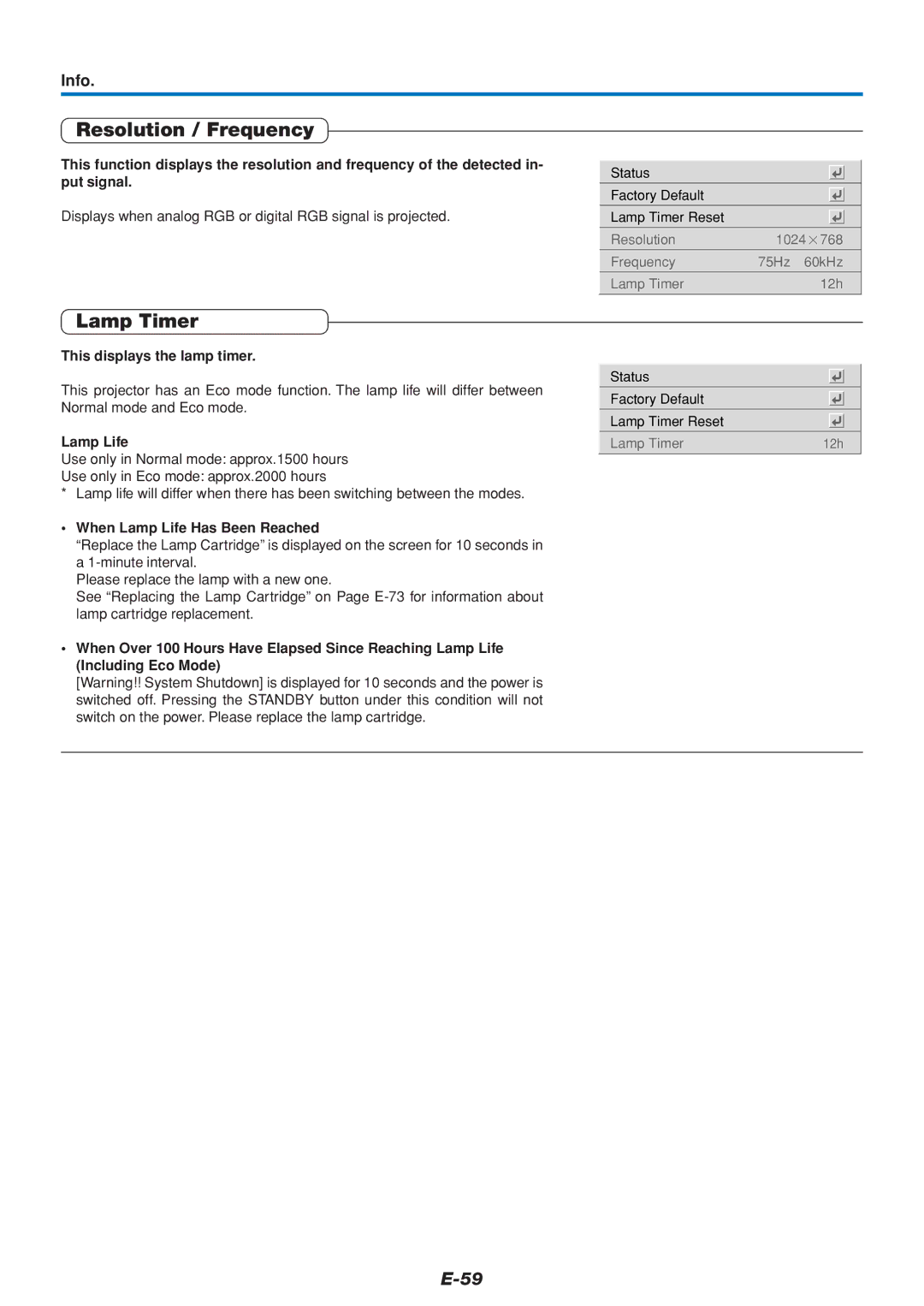 PLUS Vision U4-136, U4-111, U4-112 user manual Resolution / Frequency, Lamp Timer, Info 