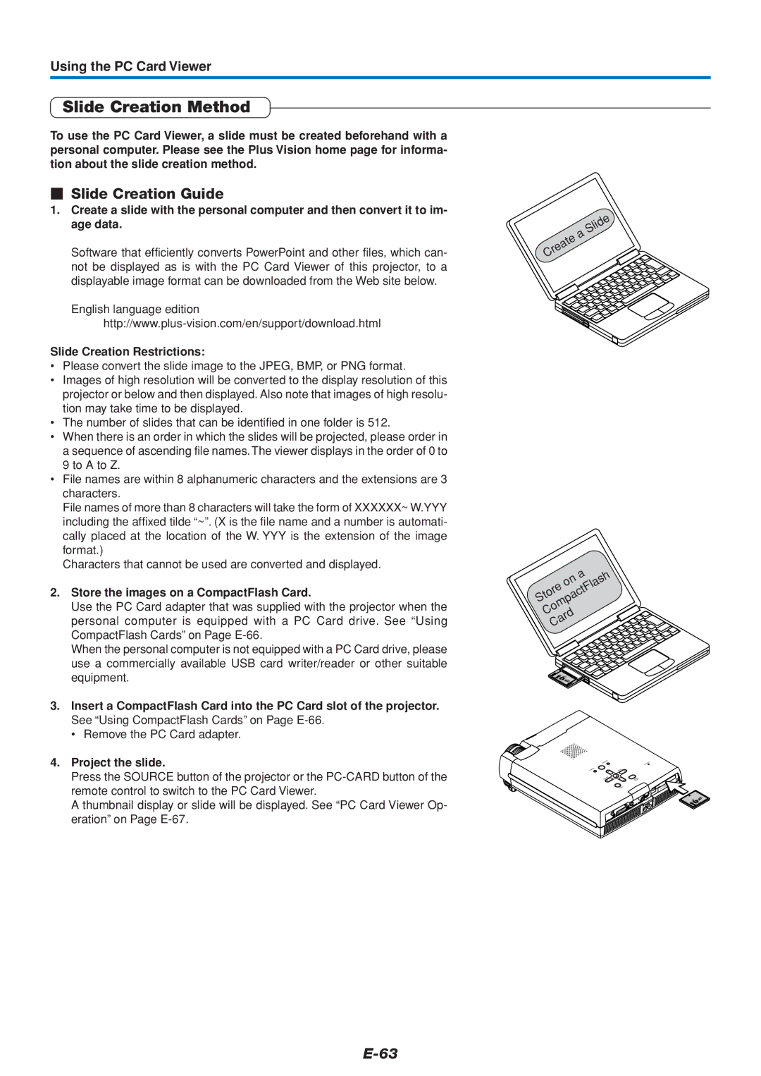 PLUS Vision U4-111, U4-136, U4-112 user manual Slide Creation Method,  Slide Creation Guide, Using the PC Card Viewer 