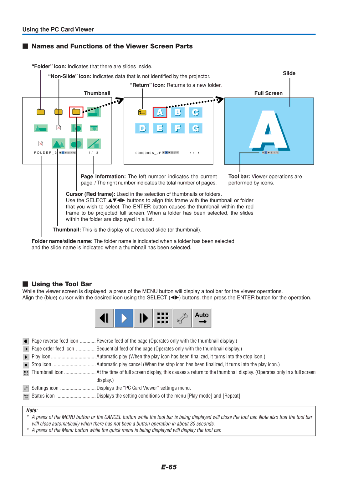 PLUS Vision U4-136, U4-111, U4-112 user manual  Names and Functions of the Viewer Screen Parts,  Using the Tool Bar, Slide 