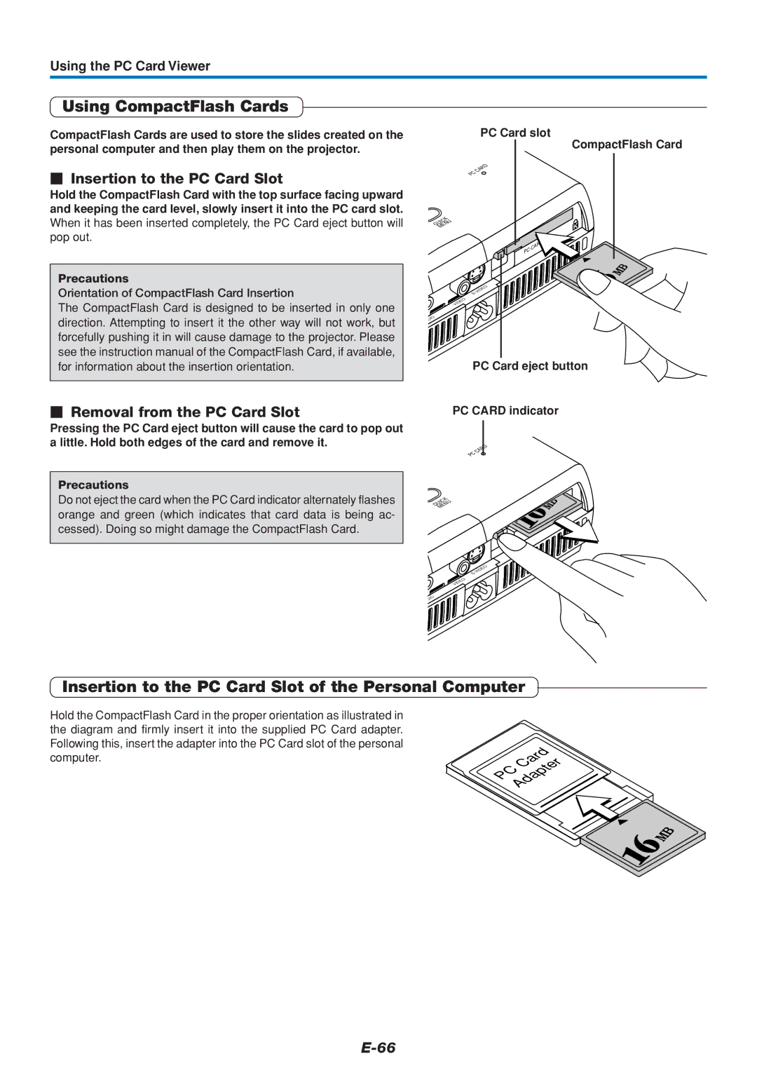 PLUS Vision U4-111, U4-136, U4-112 Using CompactFlash Cards, Insertion to the PC Card Slot of the Personal Computer 