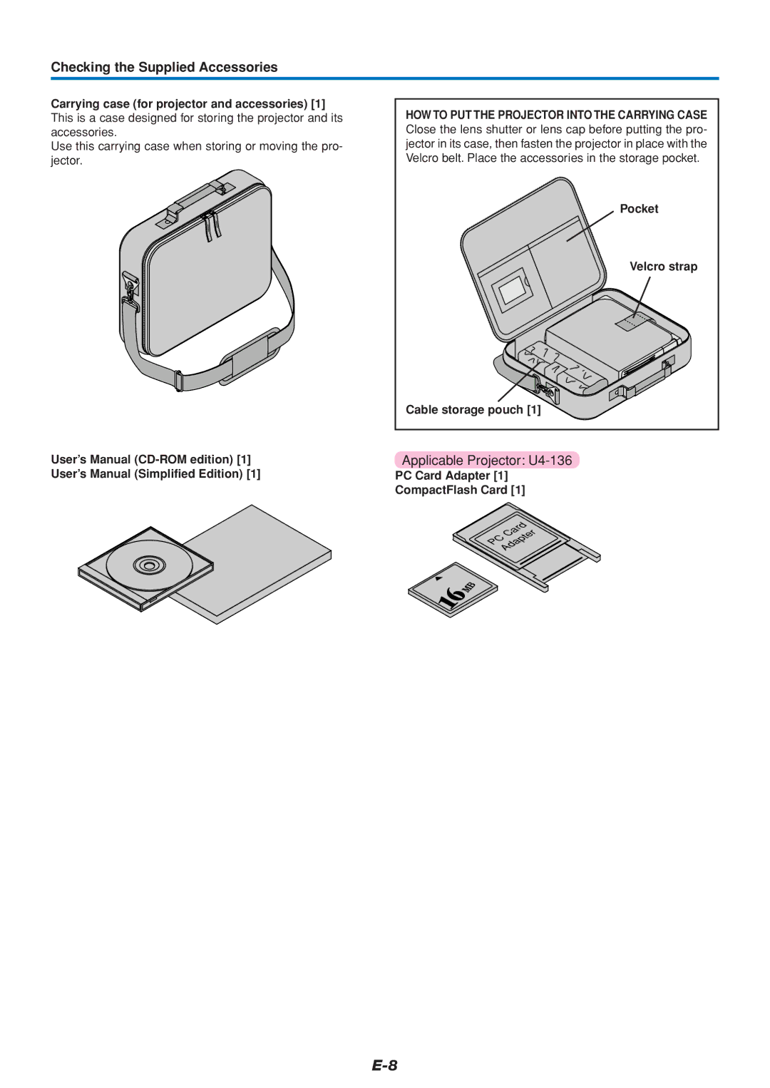 PLUS Vision U4-136, U4-111, U4-112 user manual Checking the Supplied Accessories, Carrying case for projector and accessories 