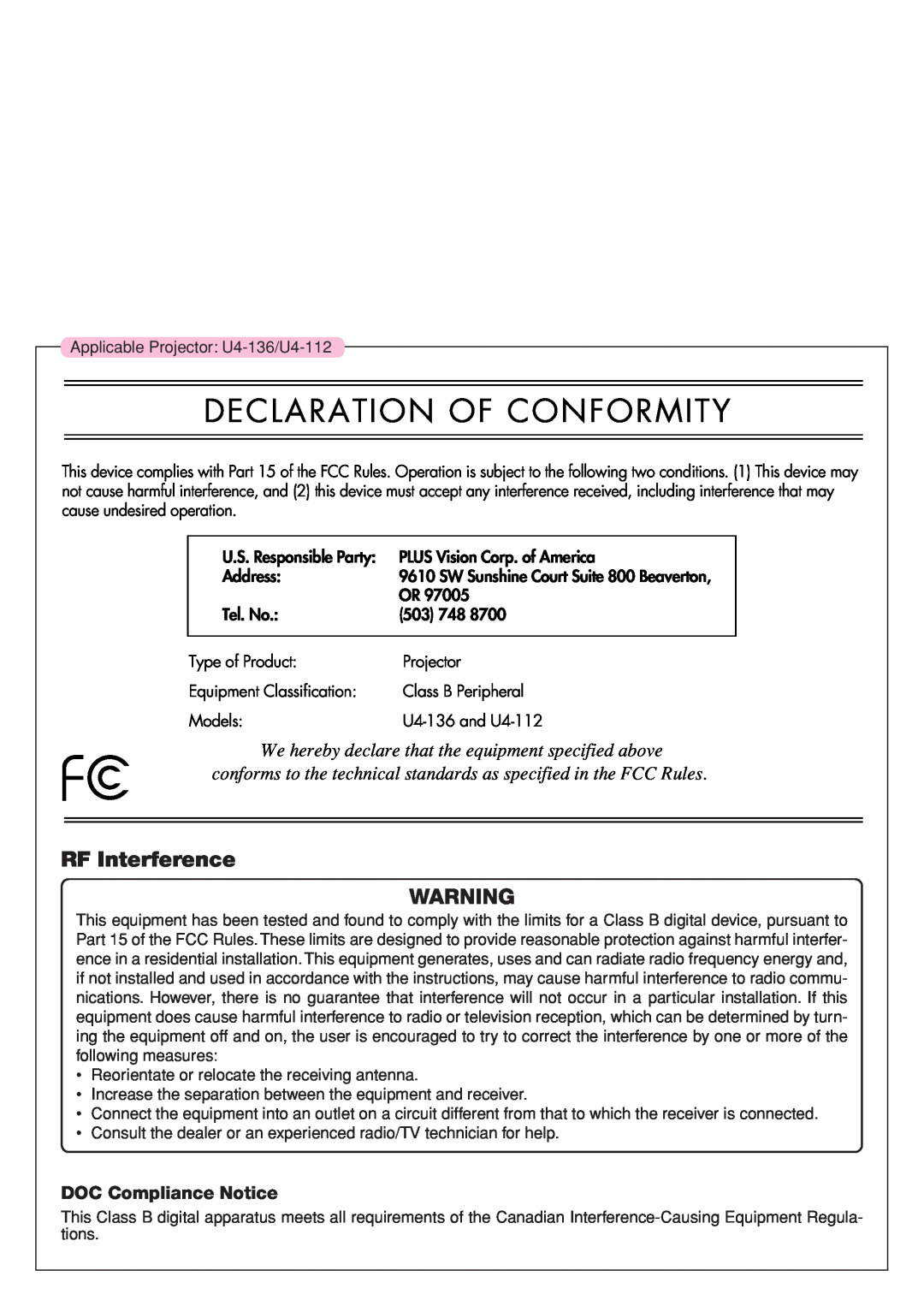 PLUS Vision U4-112, U4-136, U4-111 user manual RF Interference, DOC Compliance Notice, Declaration Of Conformity 