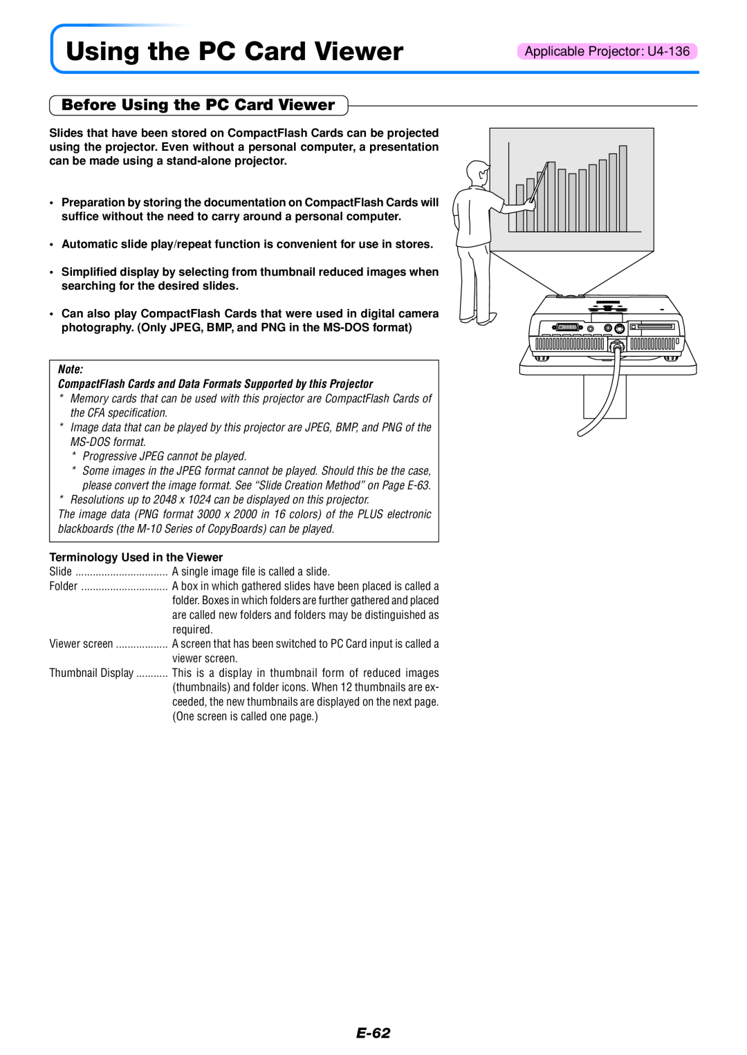 PLUS Vision U4-136, U4-111, U4-112 user manual Before Using the PC Card Viewer, E-62, Terminology Used in the Viewer 
