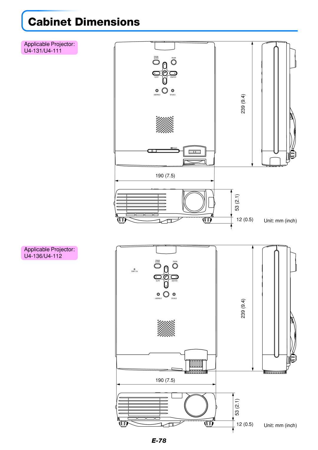 PLUS Vision U4-111, U4-136, U4-112 user manual Cabinet Dimensions, E-78 