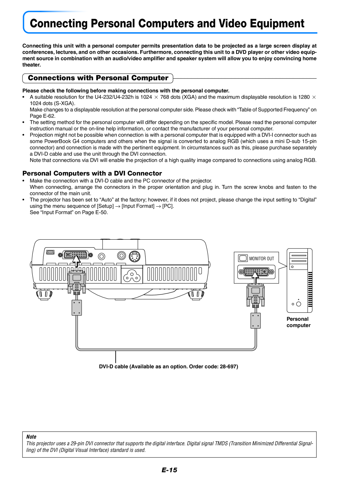 PLUS Vision U4-232 user manual Connections with Personal Computer, Personal Computers with a DVI Connector, E-15 