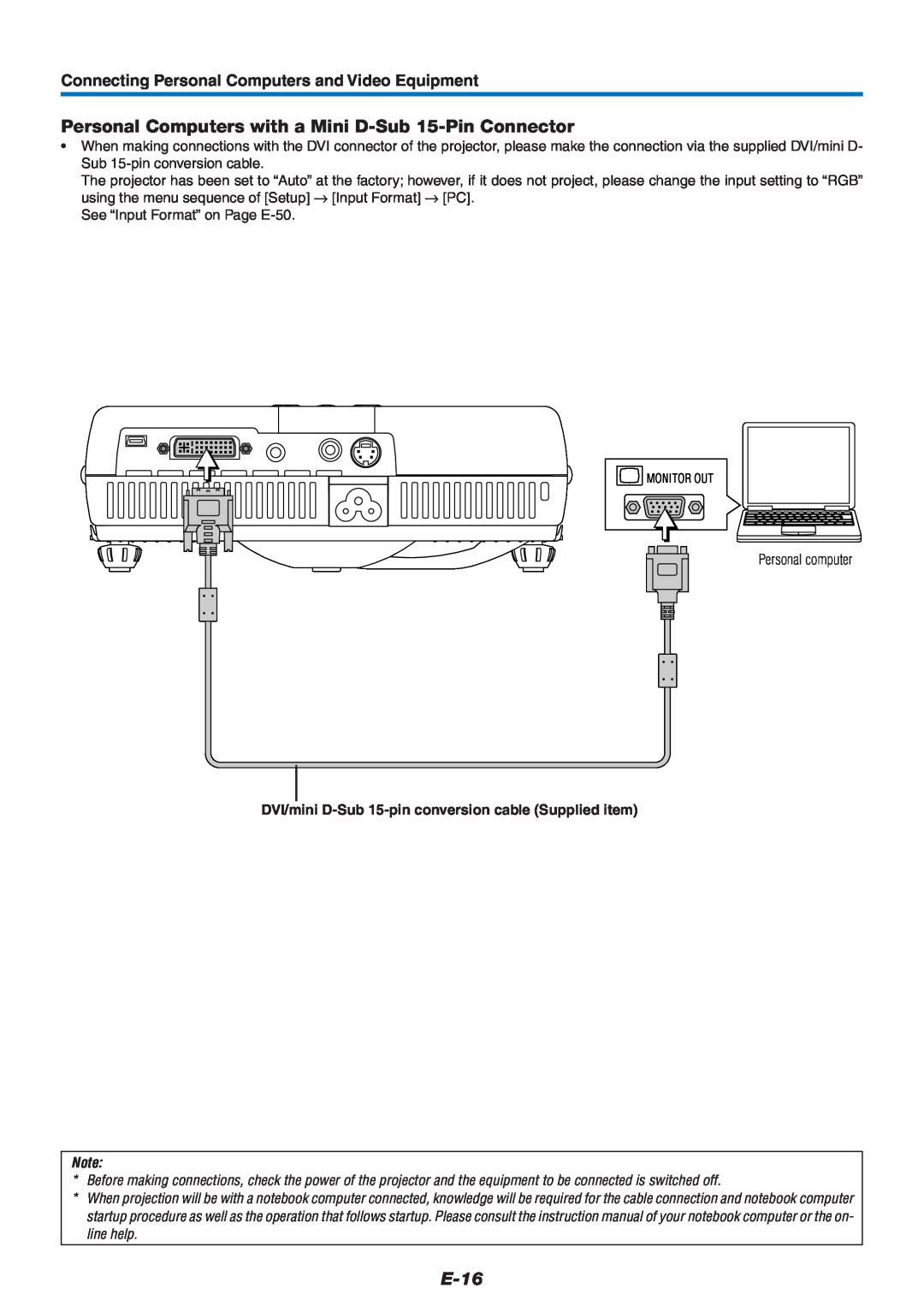 PLUS Vision U4-232 user manual Personal Computers with a Mini D-Sub 15-Pin Connector, E-16 
